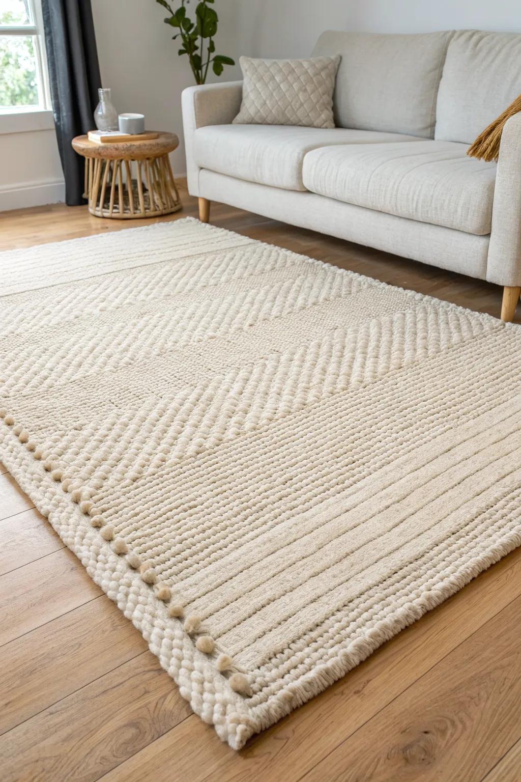 One oversized textured rug instantly warms the room and pulls the seating area together.