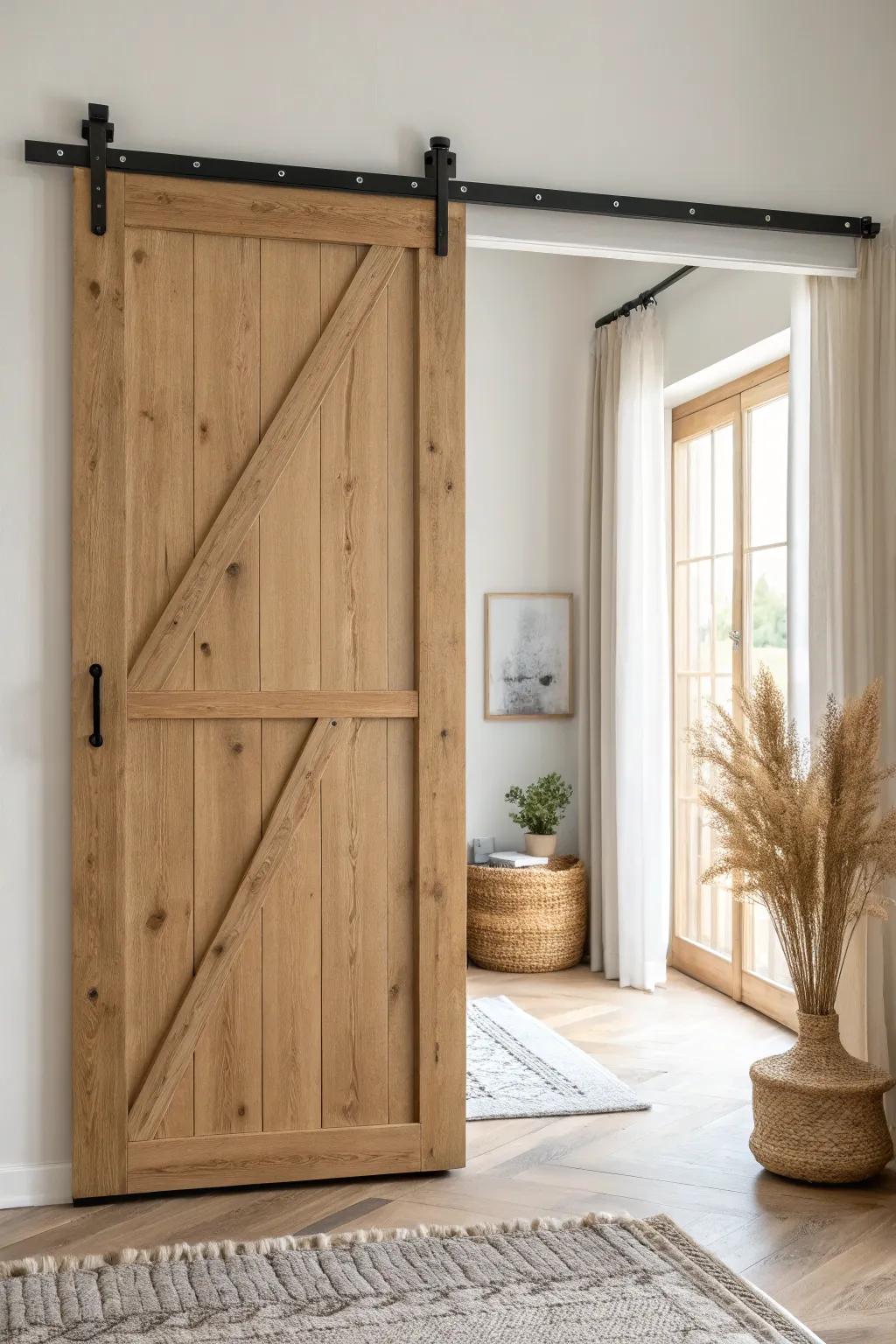 A warm, space-saving sliding barn door that adds cozy rustic charm with minimalist style.
