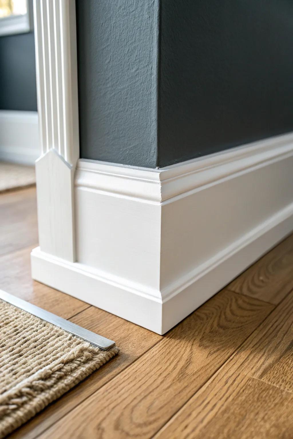 High-contrast baseboards: crisp white trim that makes moody walls feel like architecture.
