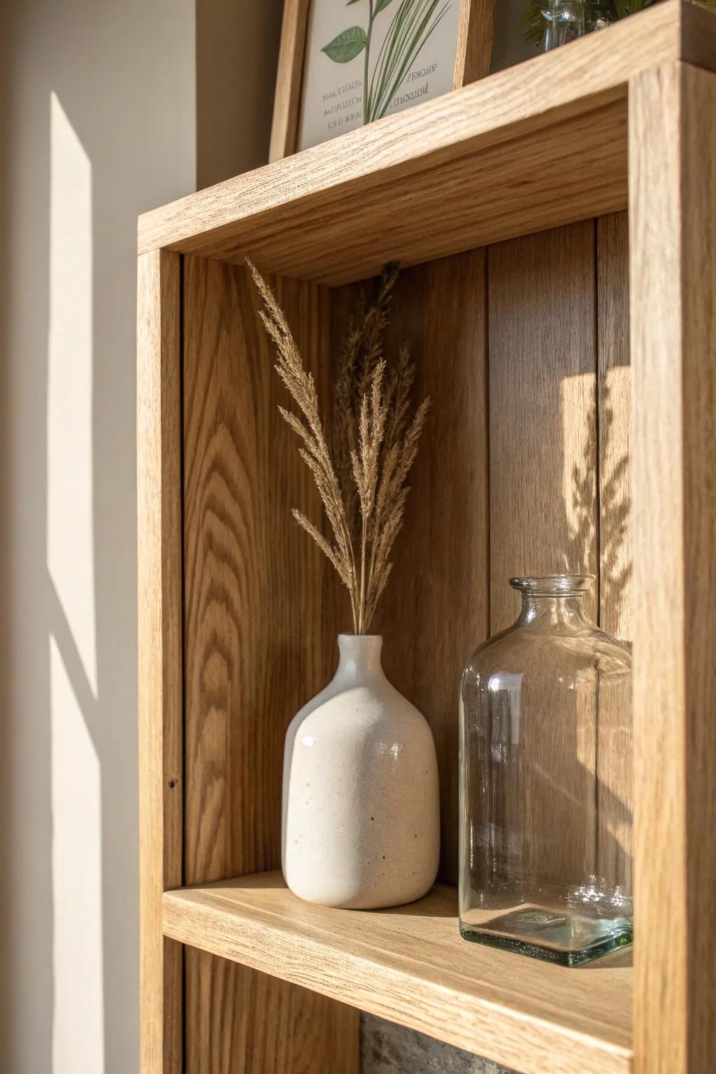 Matte ceramic and clear glass in a warm oak cubby—simple layers that make the nook glow.