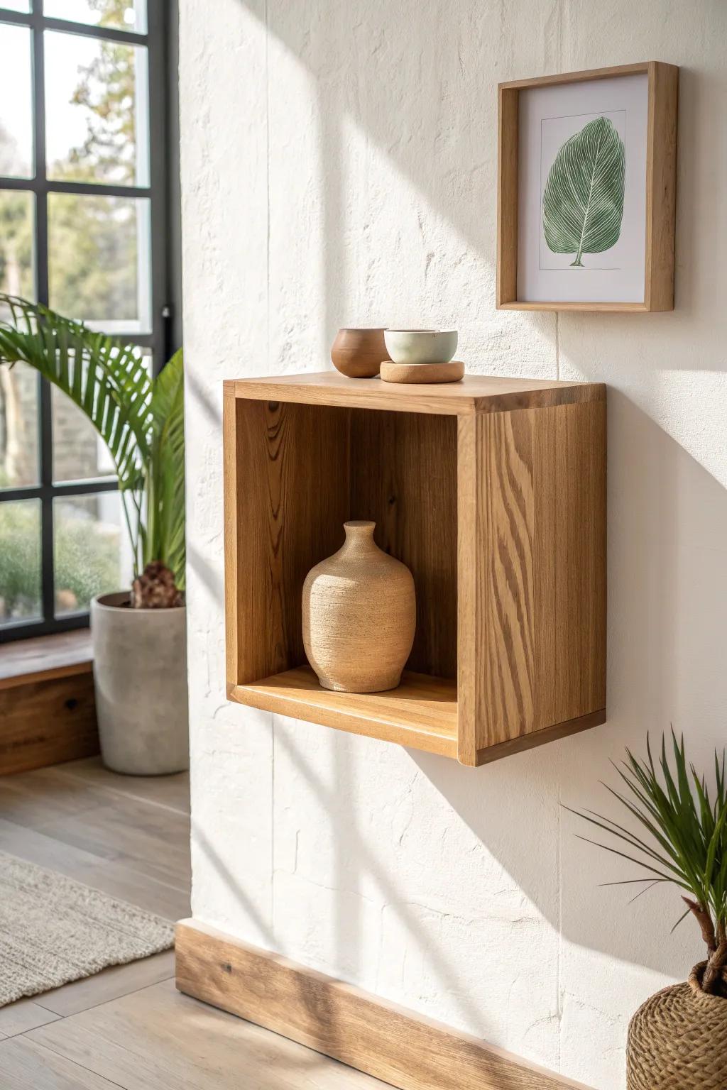 A wall-mounted cube shelf creates a sleek floating credenza vibe—perfect for small, airy entryways.