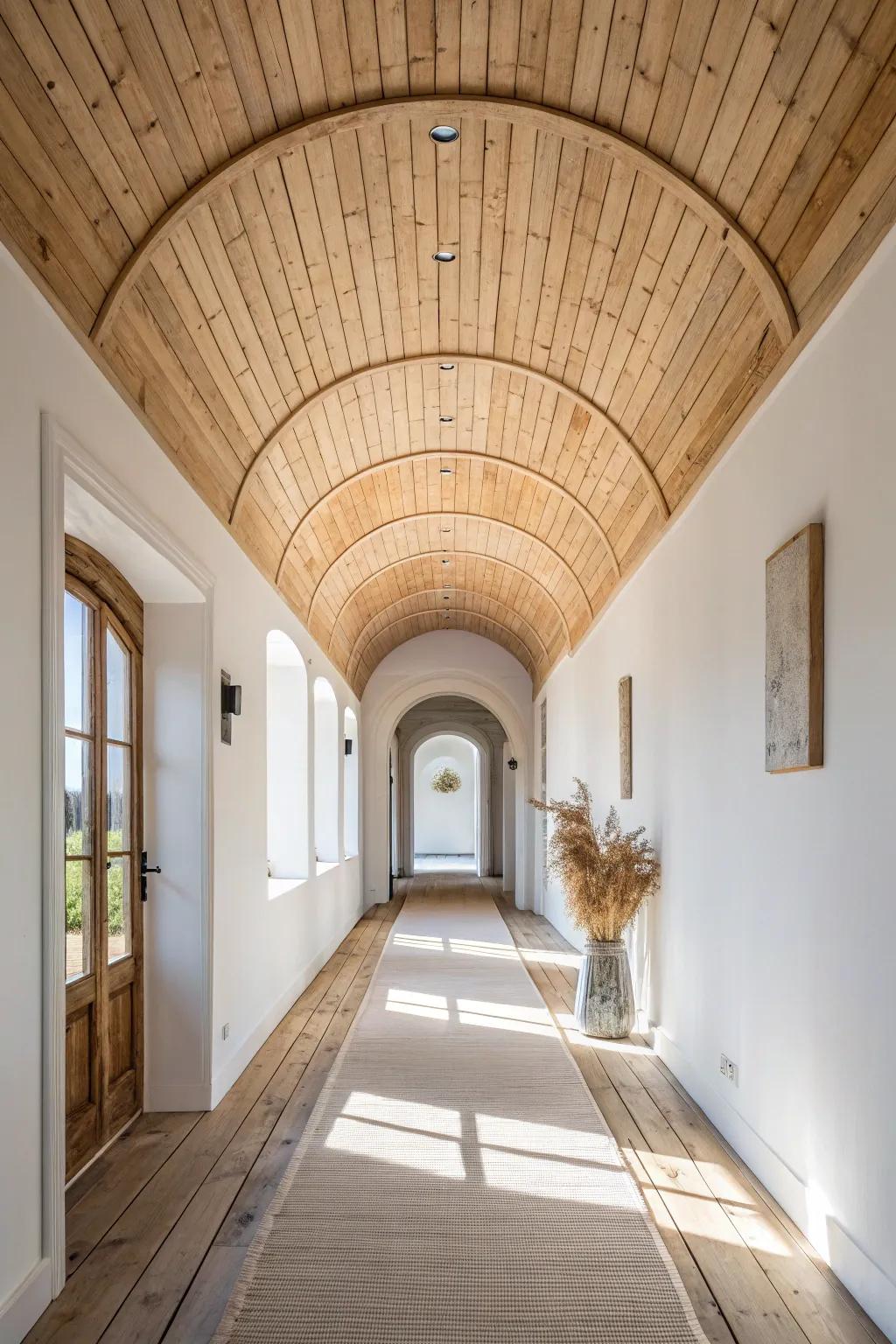 Barrel-vaulted hallway: simple wood ribs and warm light turn a pass-through into a moment.
