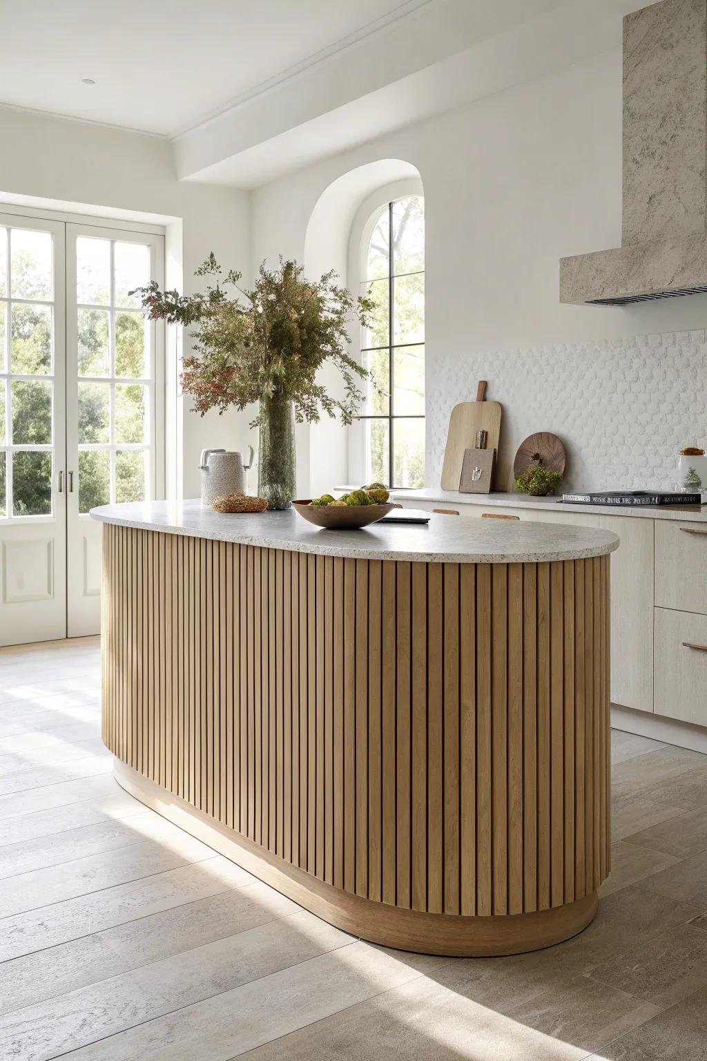 Fluted oak slats wrap the curve, turning your kitchen island into a soft shadow sculpture.