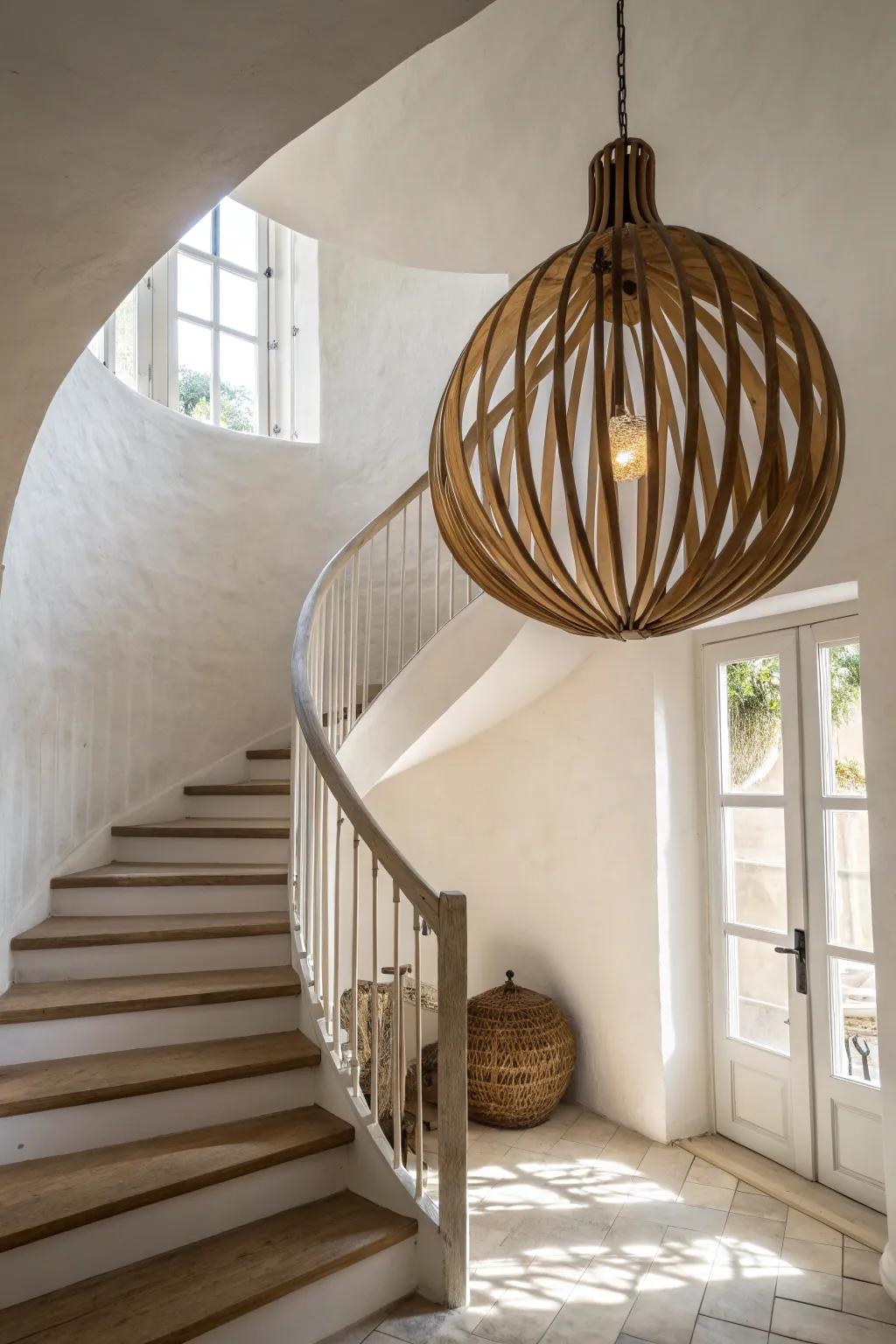 Sculptural wood pendant lighting that transforms a curved stairwell into a glowing mini atrium.