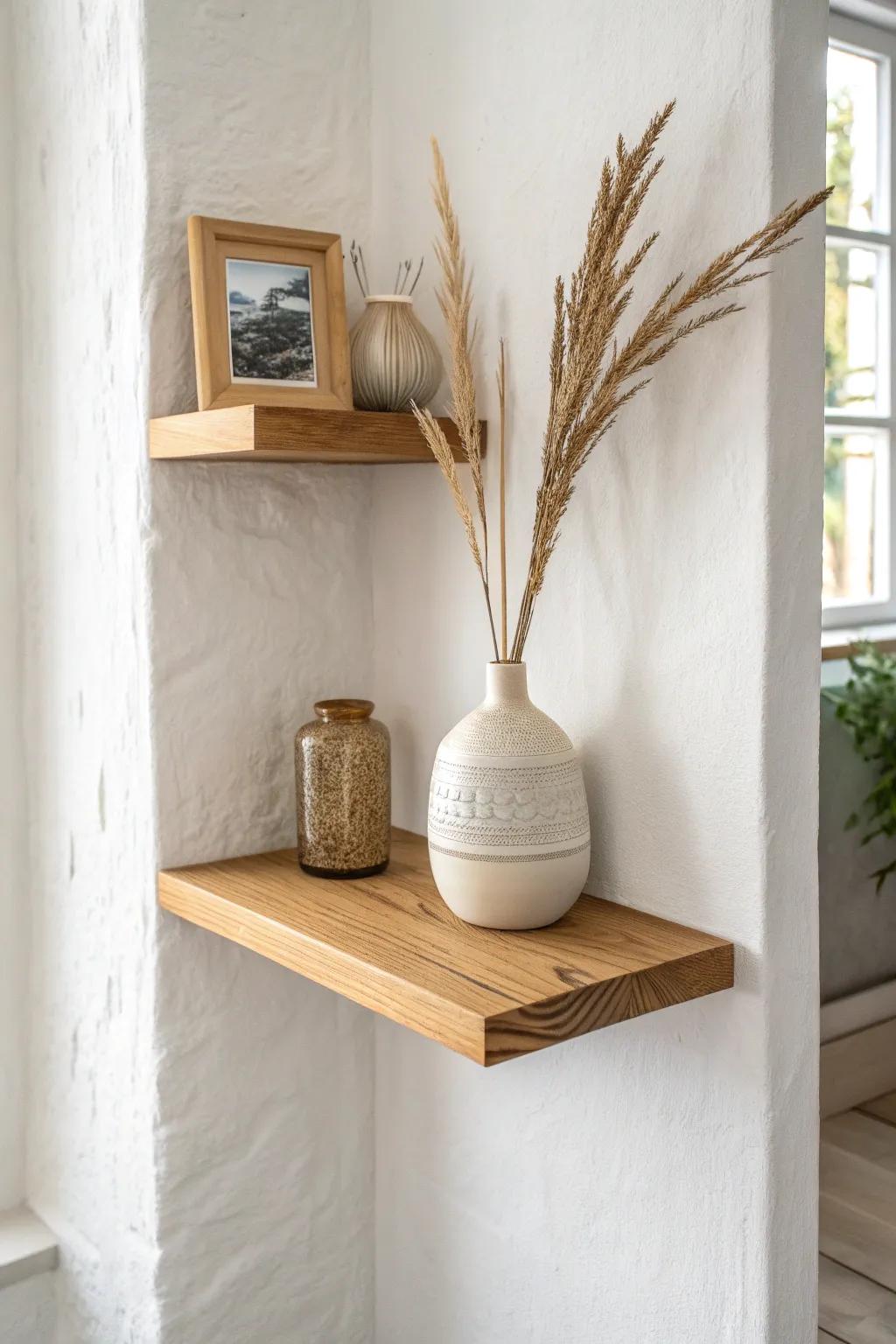 Wrap-around floating corner shelves in light oak—minimal, airy, and beautifully handcrafted.