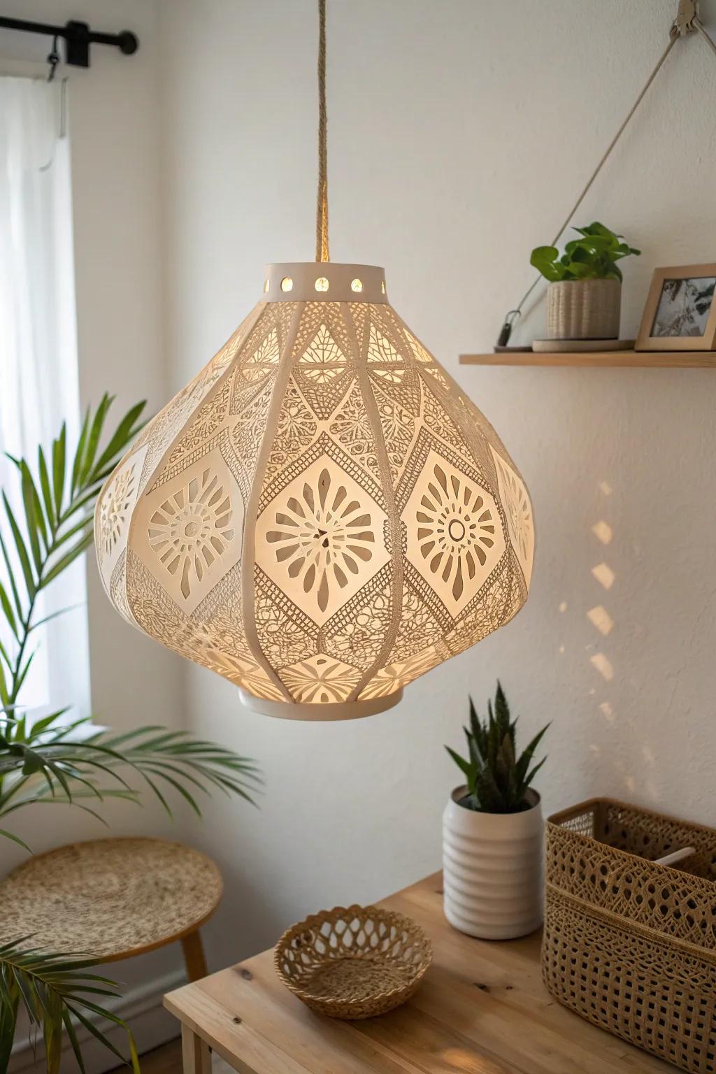 Illuminate your space with the enchanting glow of a handcrafted cutout lampshade, blending minimalist elegance with a boho touch.