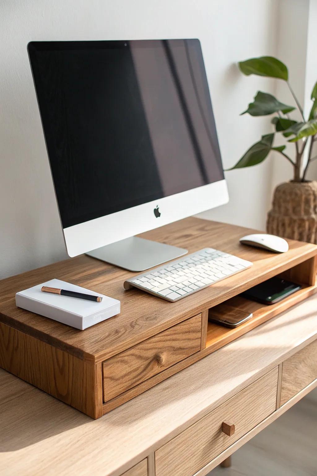 Warm reclaimed-wood monitor riser with hidden storage—minimal, cozy, and perfectly tidy.