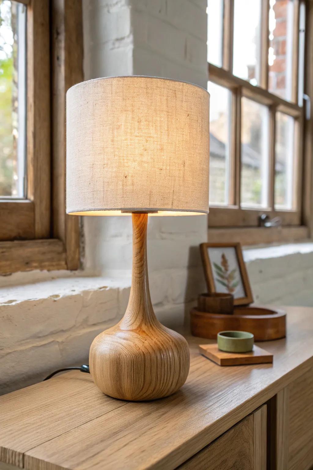 Warm wooden desk lamp glow—cozy, calm teacher desk vibes for soft morning starts.