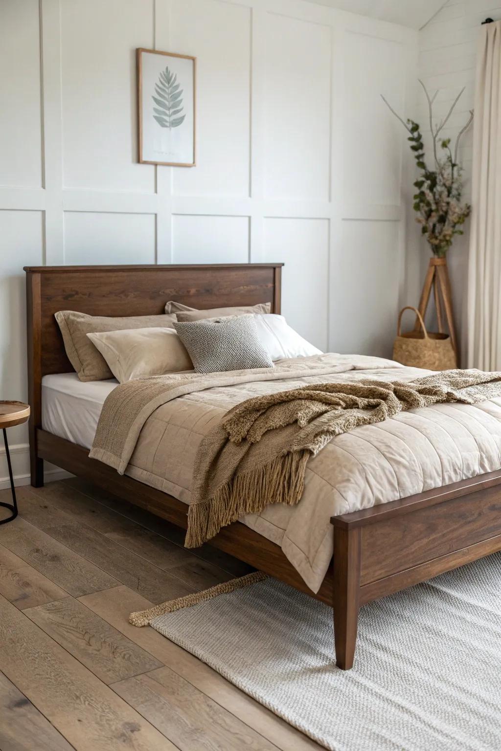 Soften a dark brown bed frame with taupe and greige layers for calm, cozy contrast.