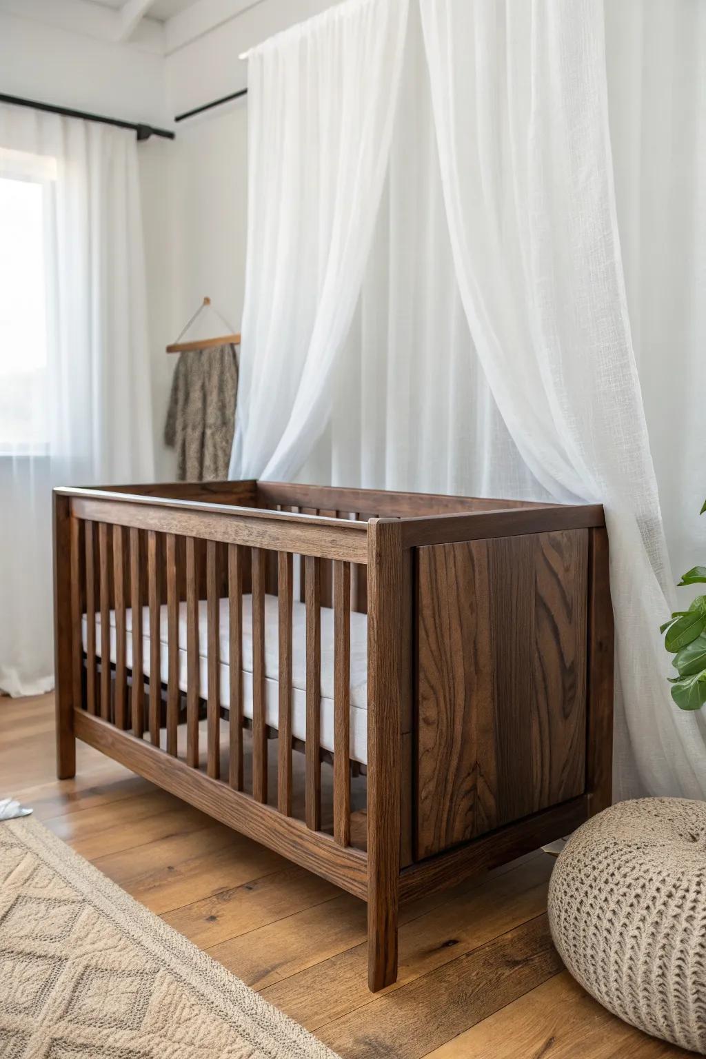 Dark walnut crib + crisp white blackout curtains for a calm, balanced nursery contrast.