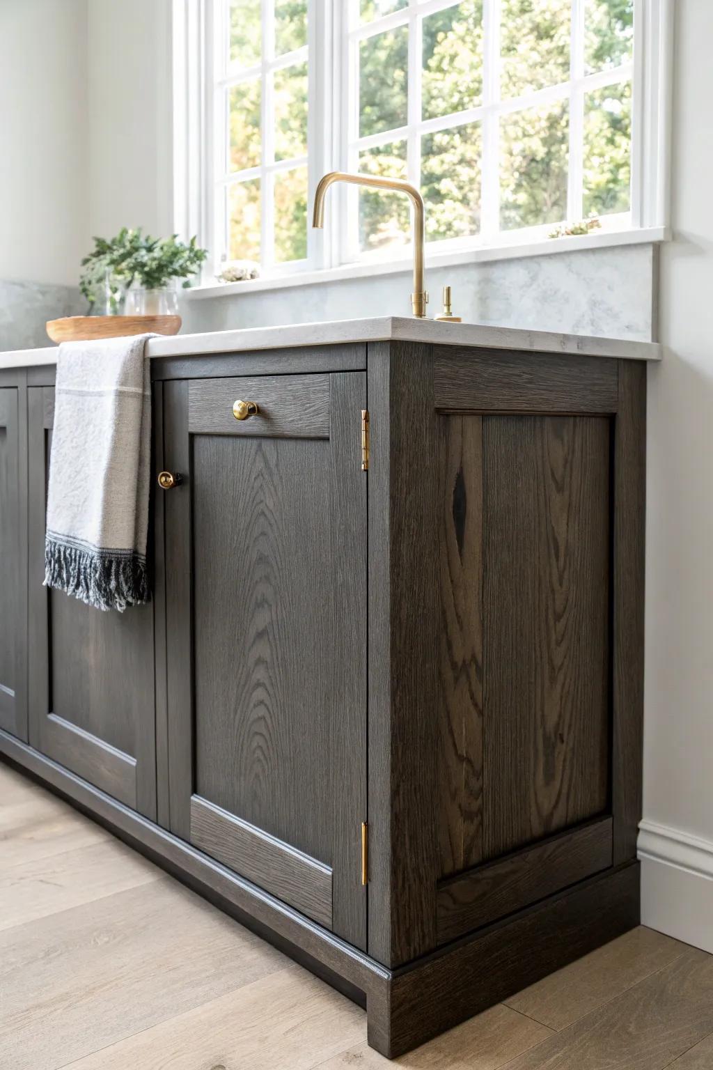 Two-tone kitchen idea: dark lower cabinet warmth with airy light walls and crisp contrast.