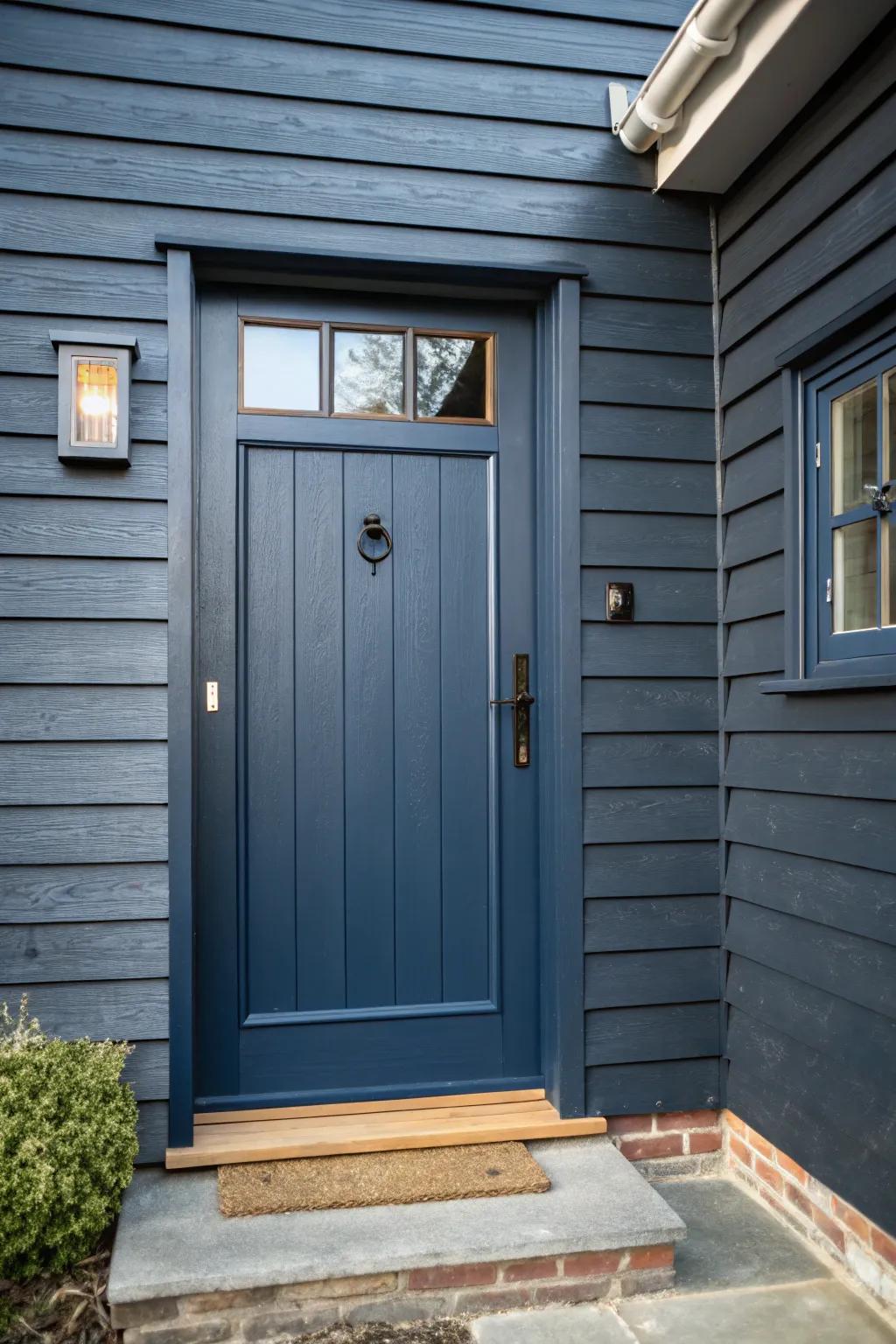 Navy blue front door on dark gray siding—quiet drama with a handcrafted, expensive feel.