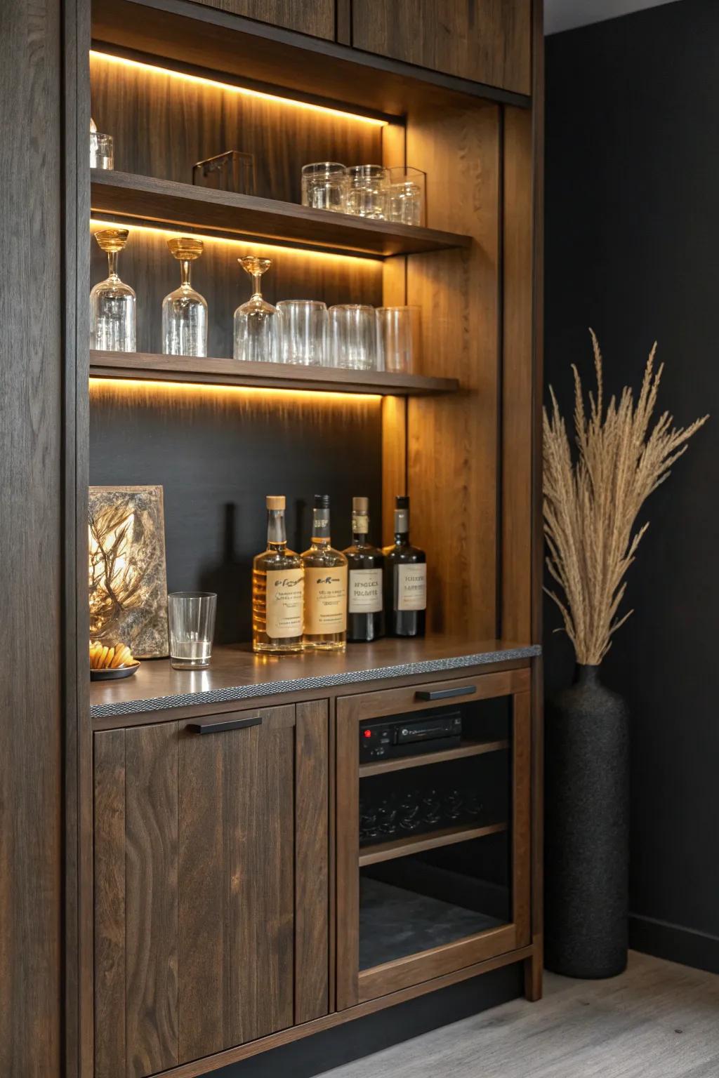 Warm backlit shelves turn a dark built-in bar into a sleek lounge-worthy focal point.
