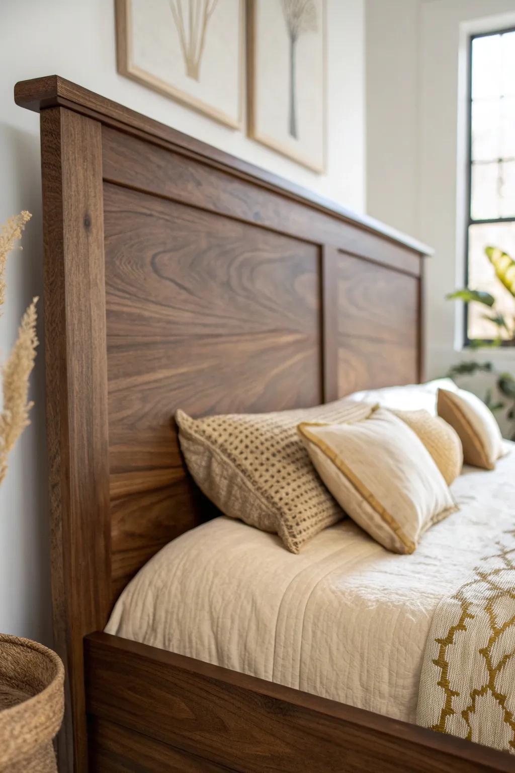Dark walnut headboard with cream and beige linens for a warm, softly contrasting neutral bedroom.