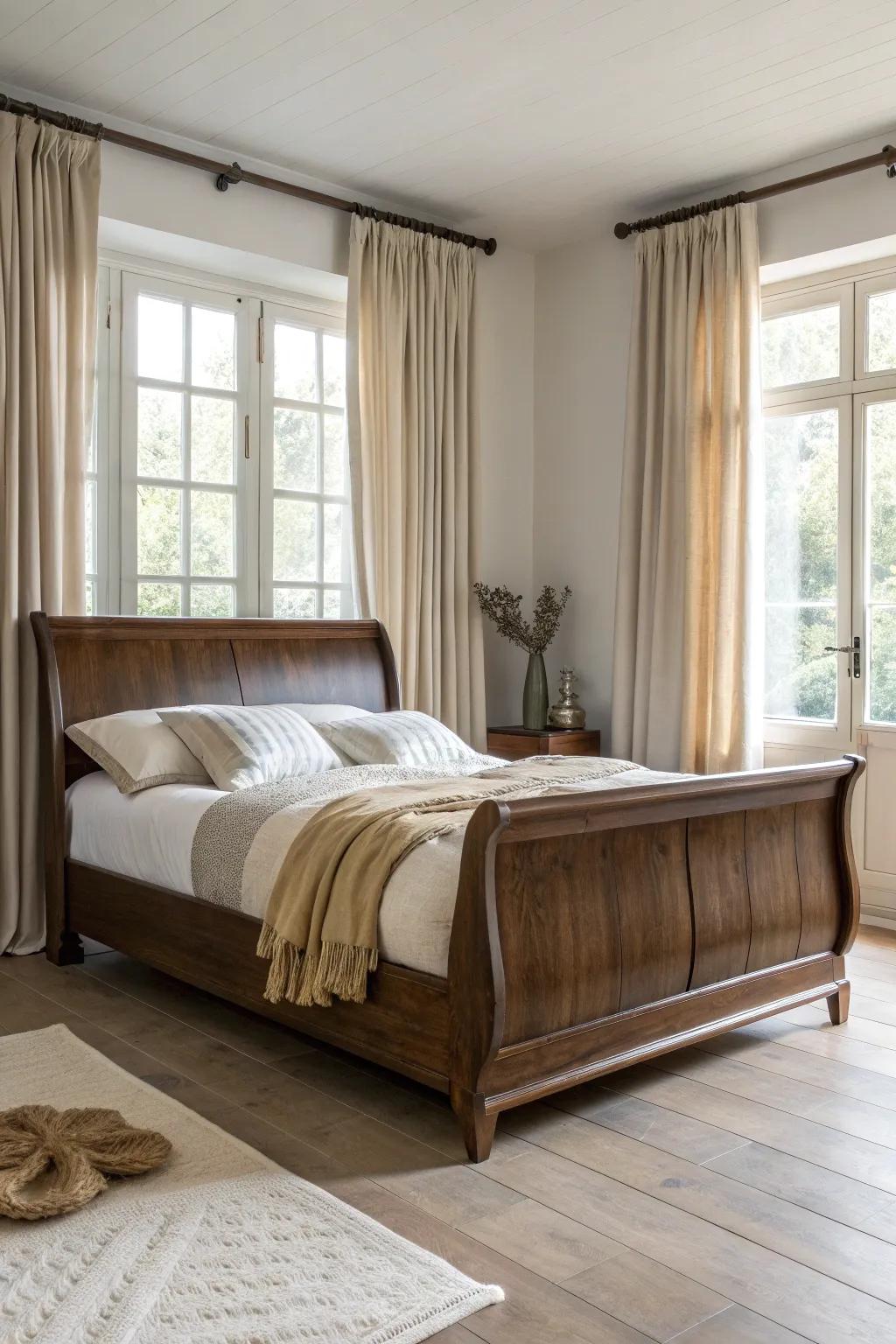 High-hung linen-look drapes soften a dark wood sleigh bed and add romantic height.