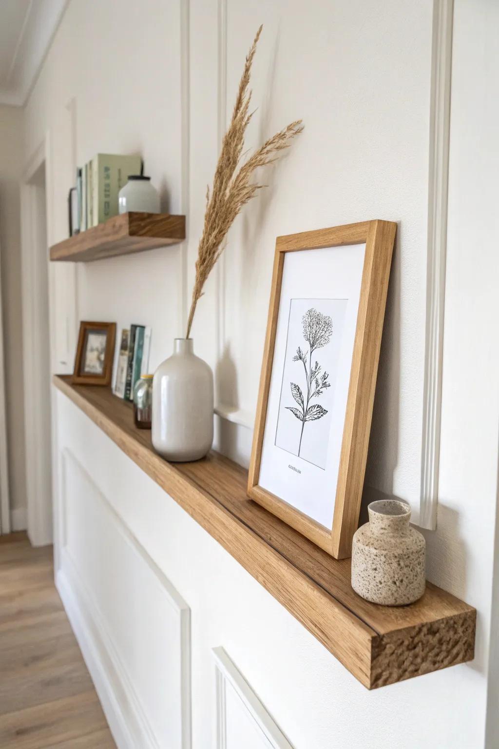 A slim wood picture ledge keeps hallway decor stylish without stealing precious space.