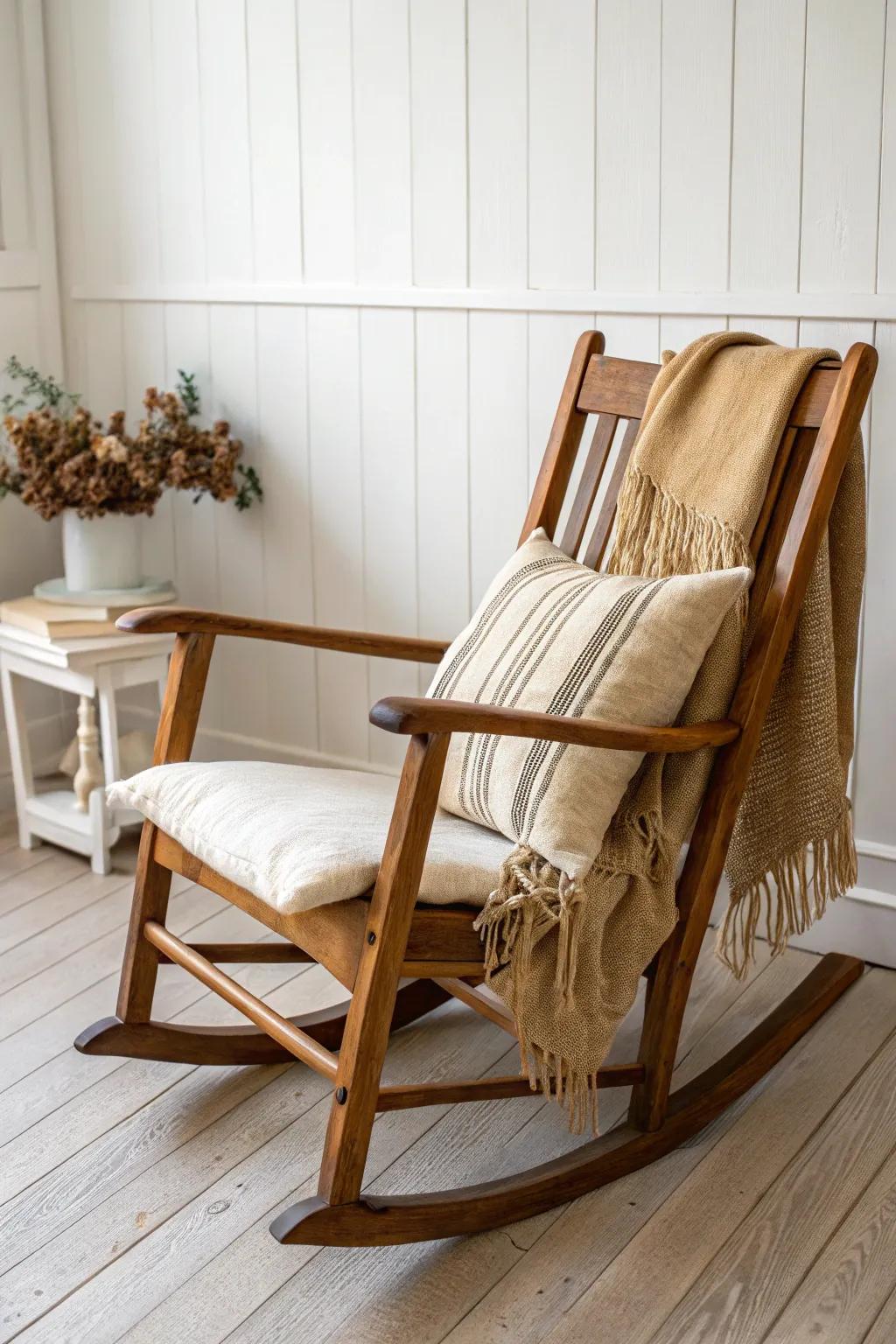 Lumbar pillow + soft throw instantly make an old rocking chair feel cozy, calm, and loved.
