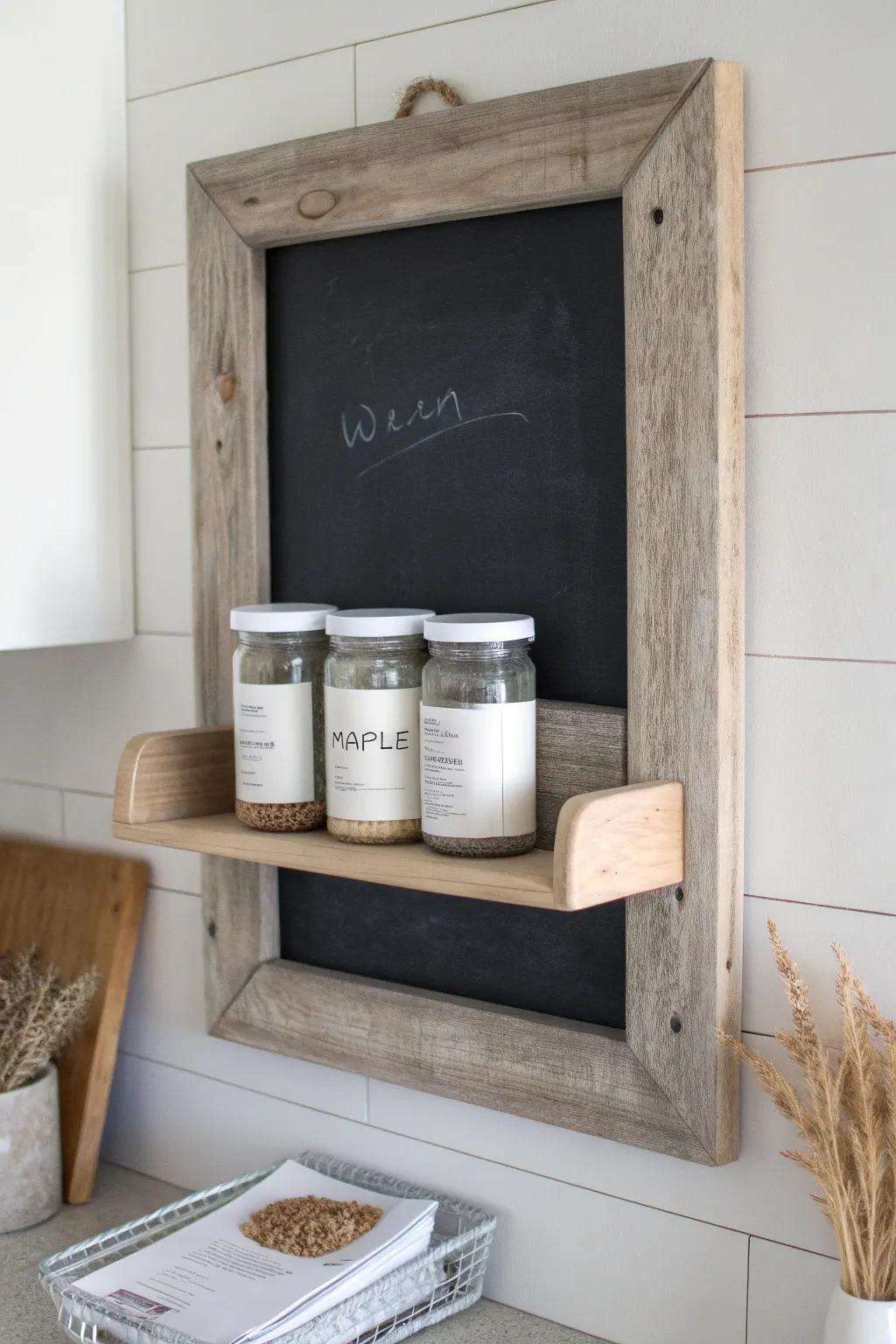 Rustic chunky wood spice rack with a chalkboard back—farmhouse charm, clean jars, bold contrast.