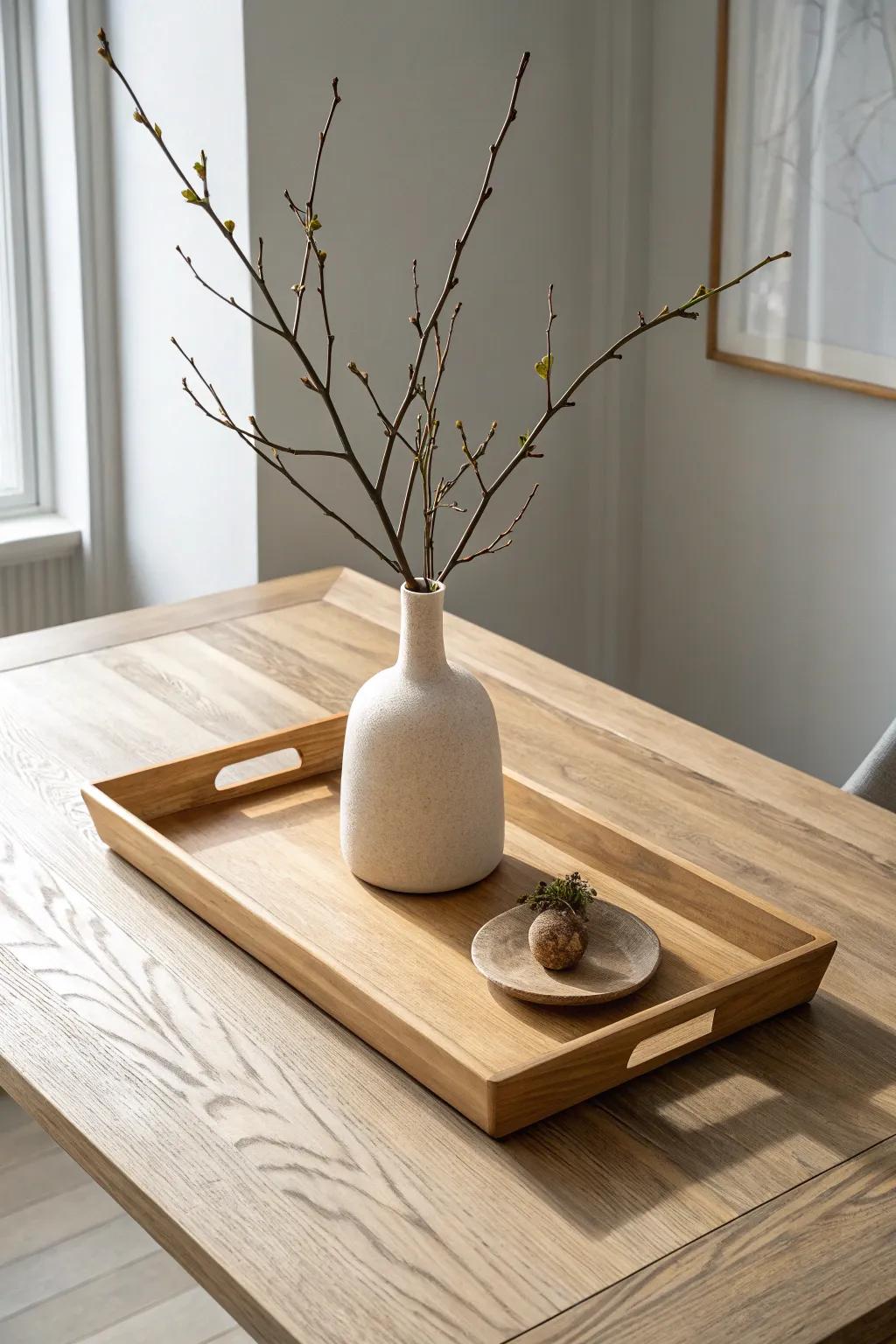 A sleek oak tray with one sculptural vase and a single branch—calm, crafted, and complete.