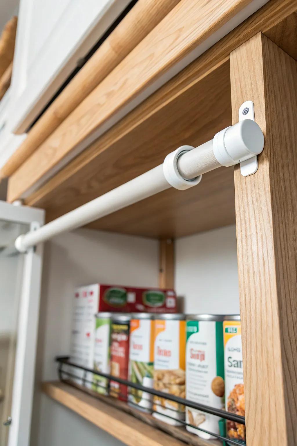A simple tension rod travel-lock bar keeps deep RV pantry shelves calm on the road.