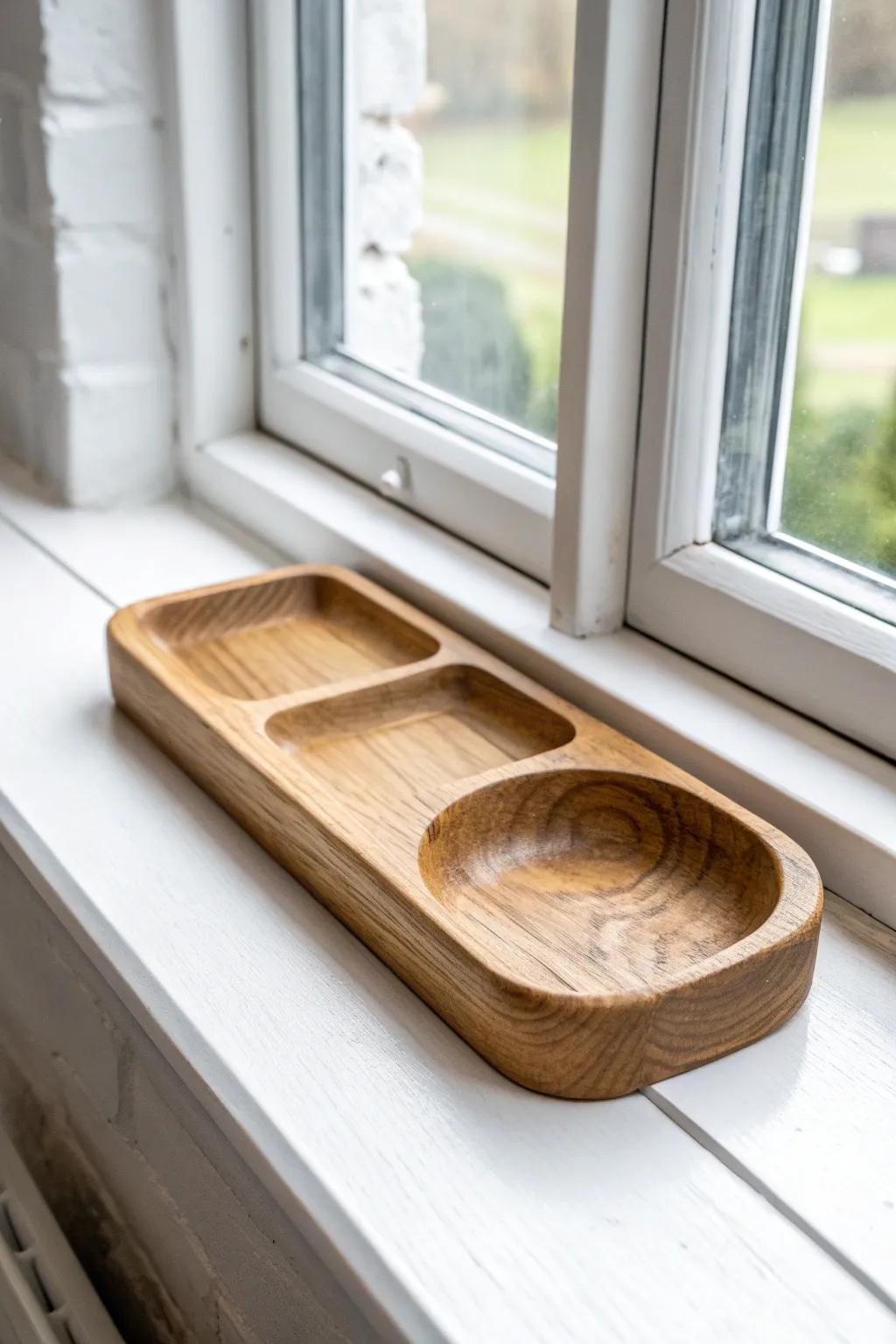 Symmetry without clutter—one handcrafted oak sill tray brings calm to deep window ledges.