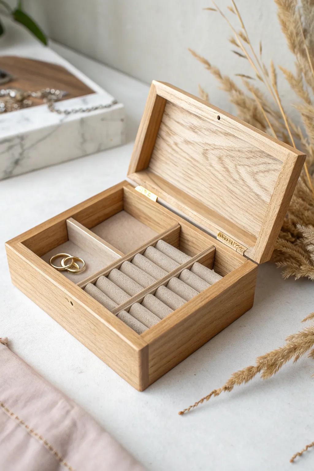 Minimal oak jewelry box with blush-lined ring slots—simple, luxe, and handmade-feeling.