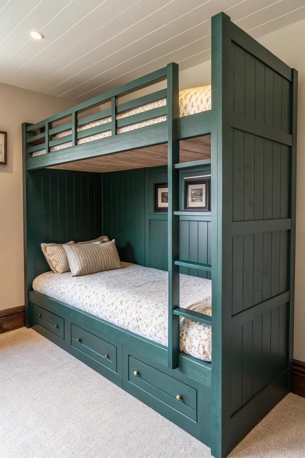 Moody, color-drenched built-in bunks in a velvety finish—designer impact with minimal lines.