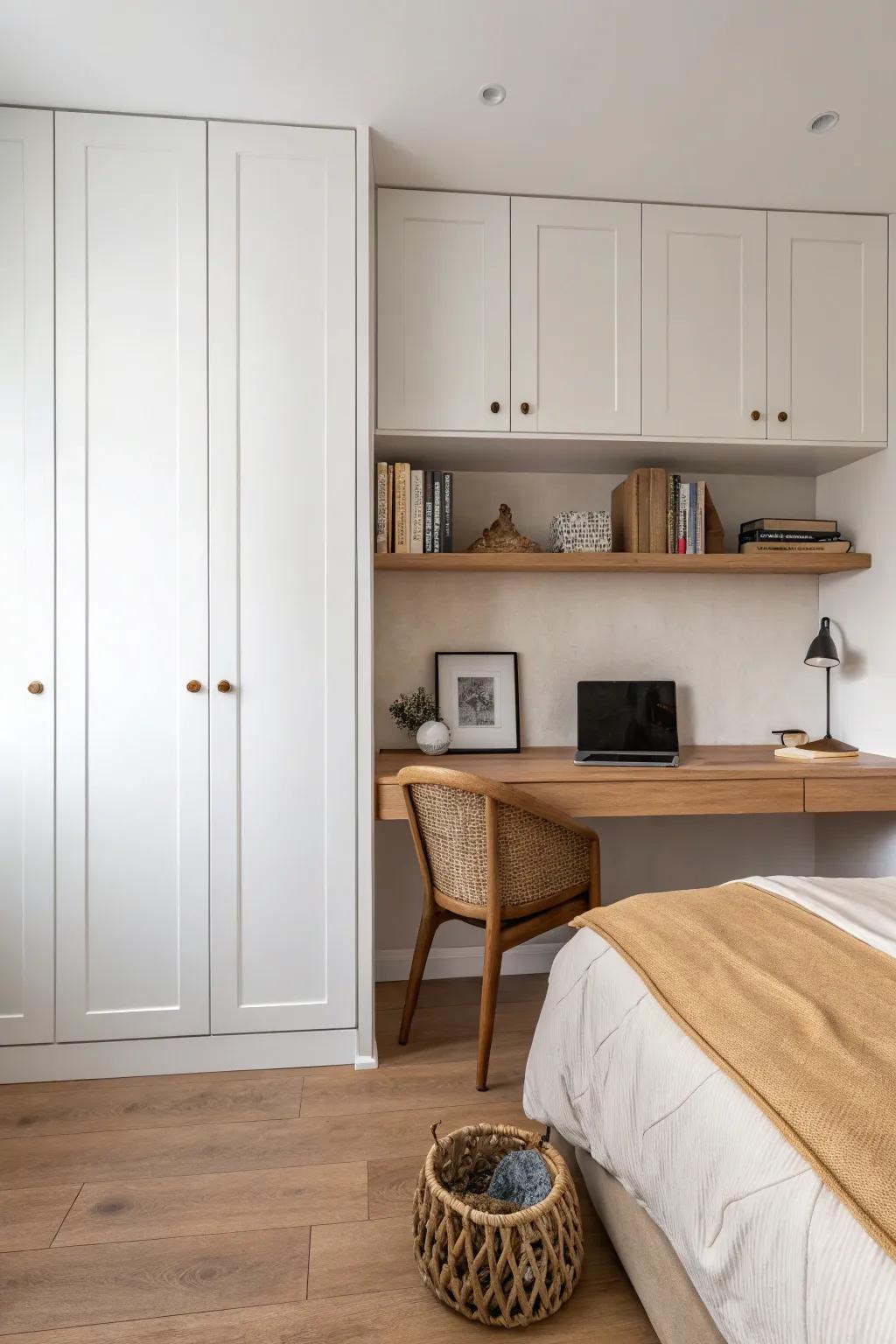 A built-in oak desk behind the bed—perfectly centered between closets for a custom look.