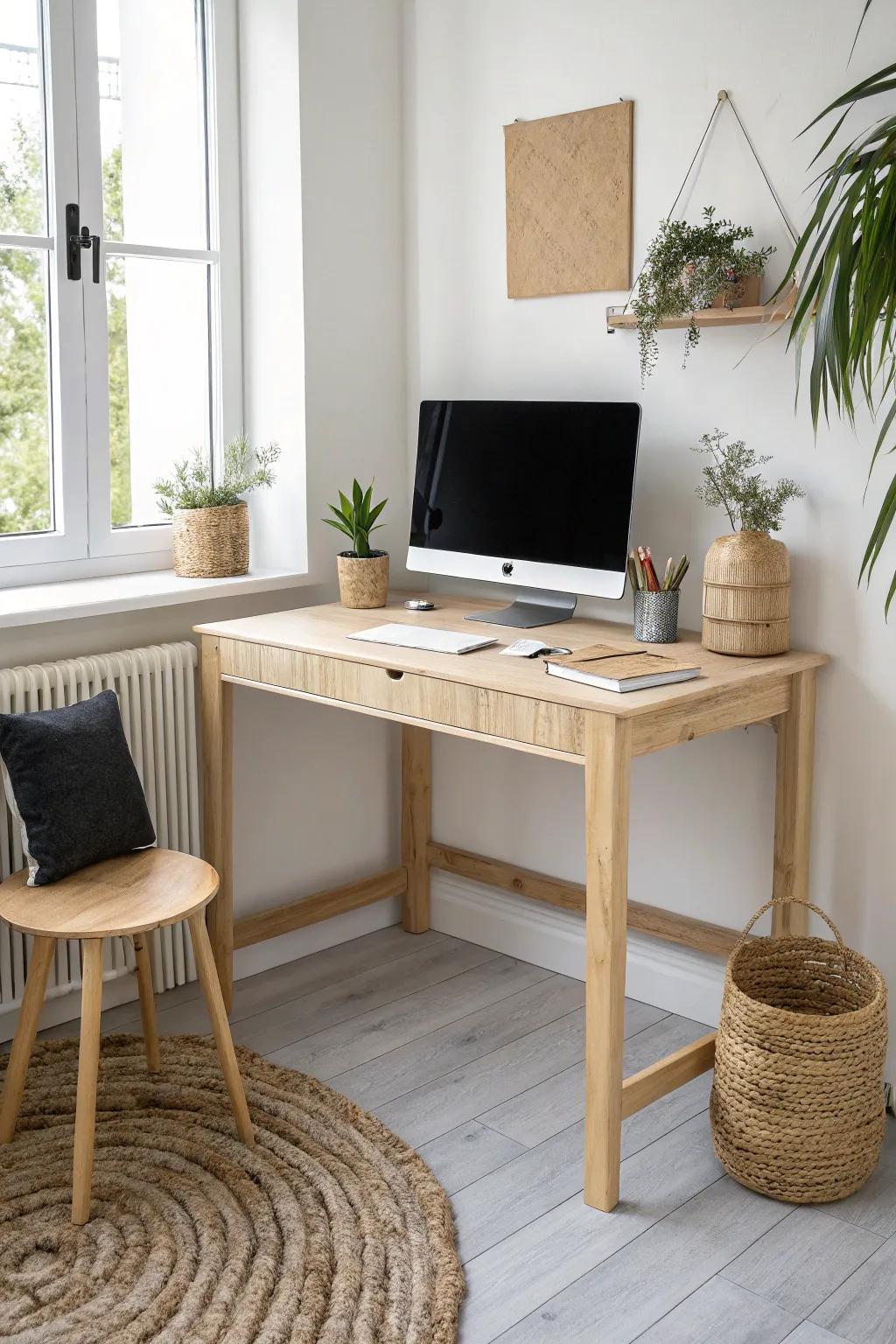 L-shaped corner desk that transforms unused space into a bright, handcrafted workstation.