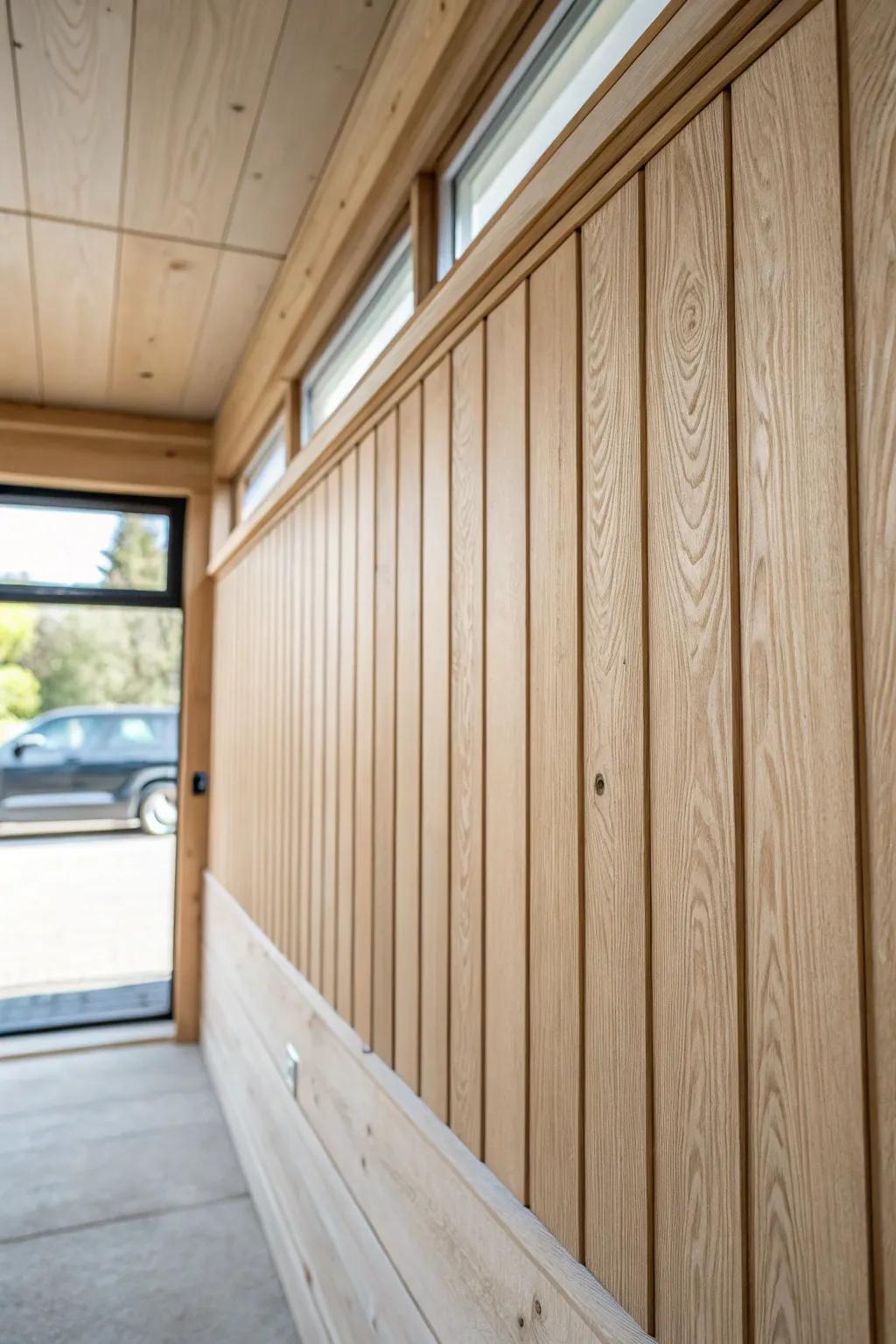Warm tongue-and-groove paneling over insulation—turn your garage man cave cozy year-round.