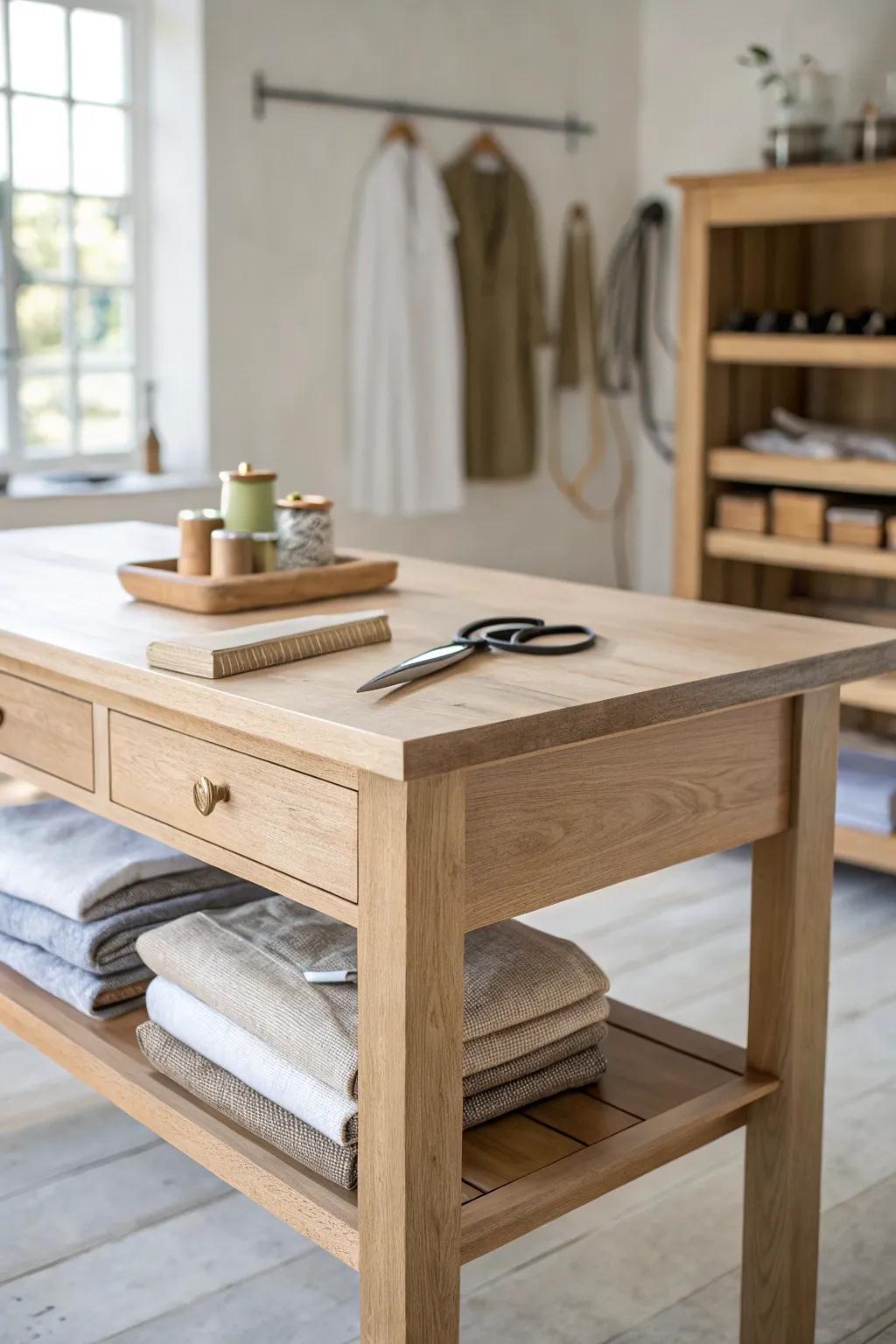 A dining room turned craft hub: a handmade cutting island with calm, visible storage.