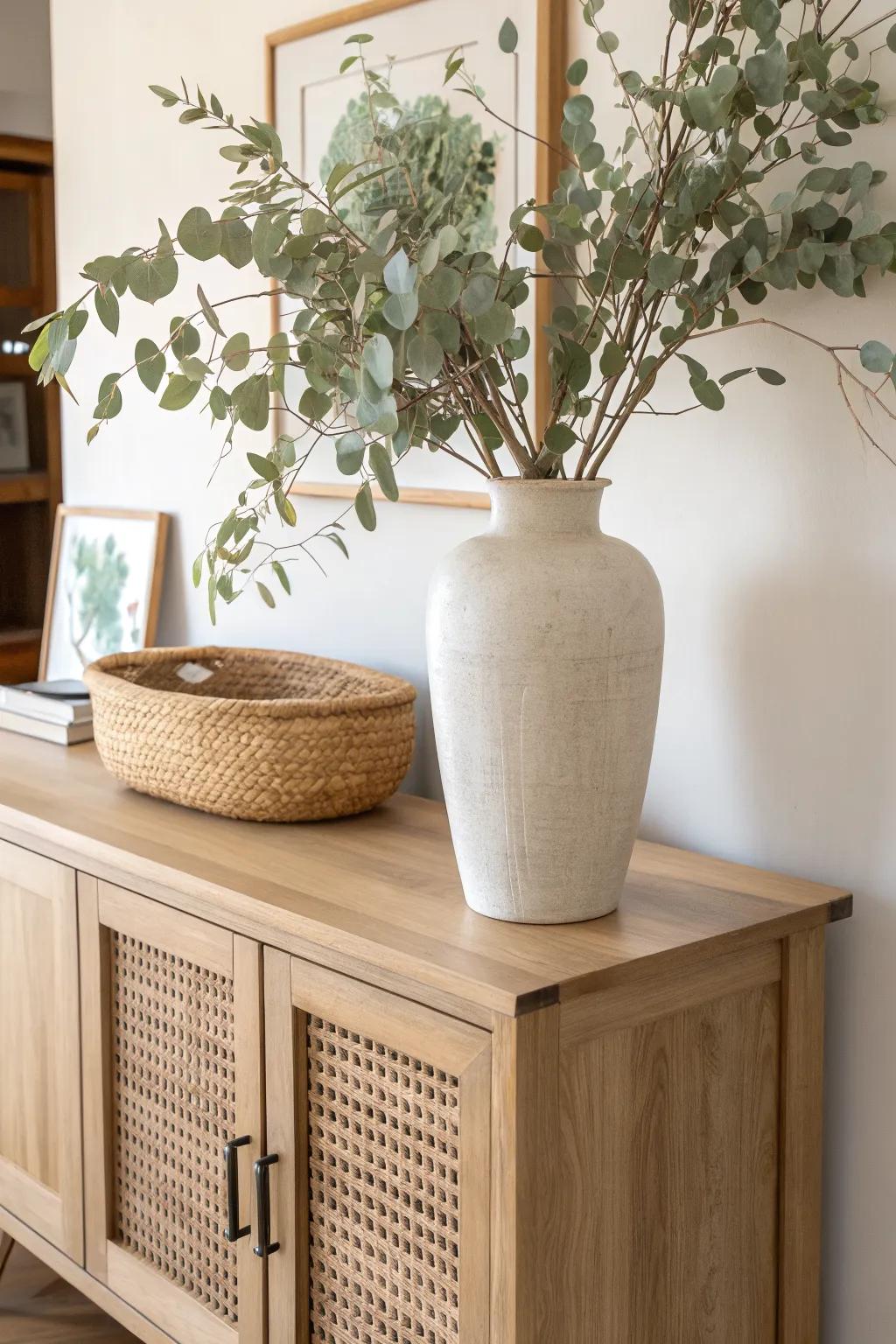 Instant life for your dining server: one tall vase of seasonal greenery on warm oak.