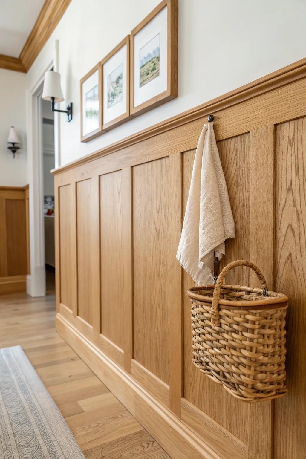 Clean Shaker flat panels in warm oak—wider rails for a calmer, modern dining room look.
