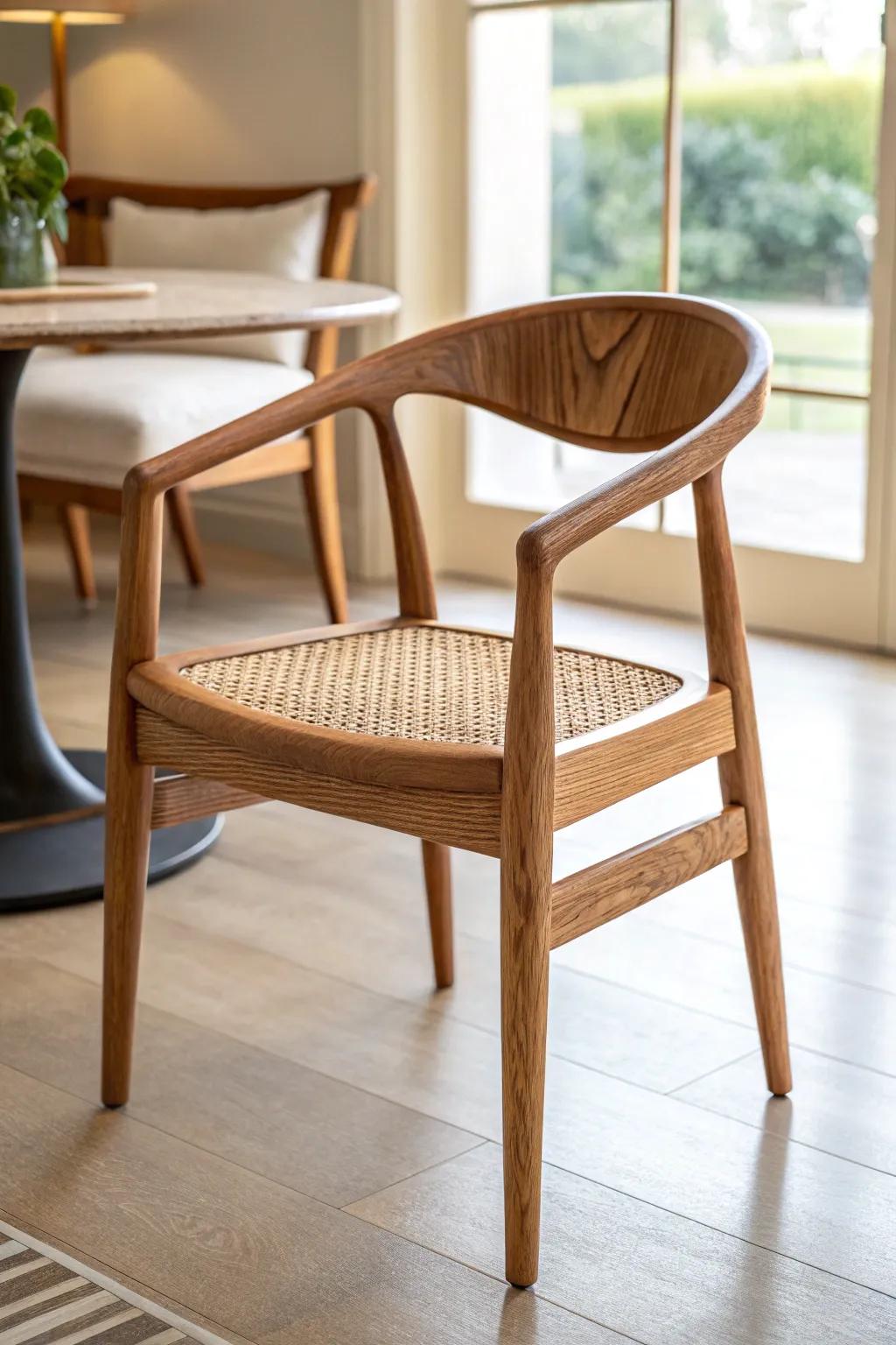 Two accent chairs and a tiny side table create a mini lounge without crowding the dining area.