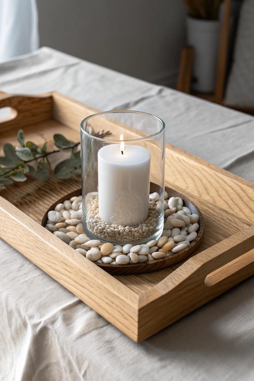Clear glass hurricane on a wood tray with pebbles and beans—simple, high-end texture.