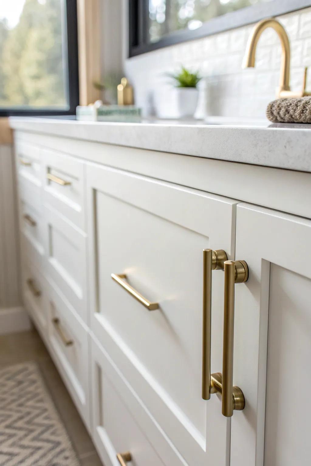 Transform your bathroom with a touch of elegance: Modern brass handles for a chic, budget-friendly update. #ScandinavianStyle #BohoChic