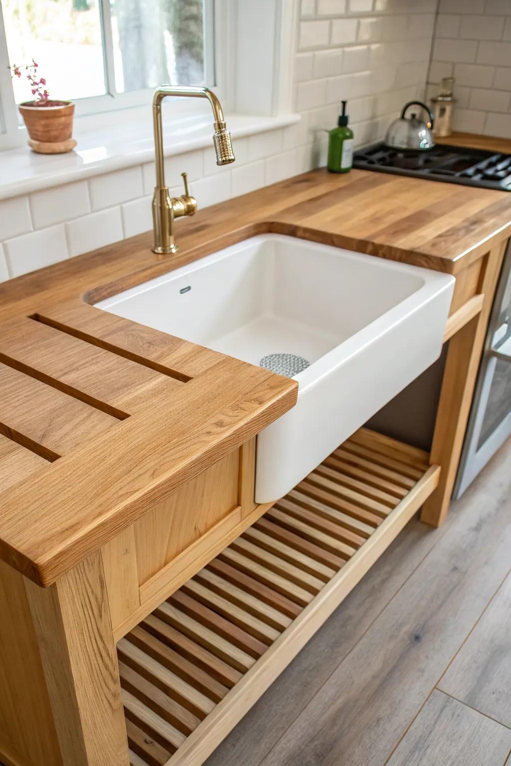 Custom butcher block sink surround with a sloped drainboard—sealed end grain, made to last.