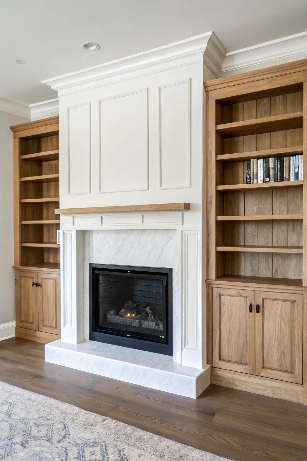 Symmetrical oak built-ins framing a minimalist fireplace—adjustable shelves for effortless styling.