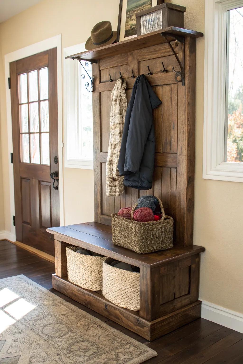 Transform your entryway with rustic charm: a DIY hall tree with a handcrafted storage solution.