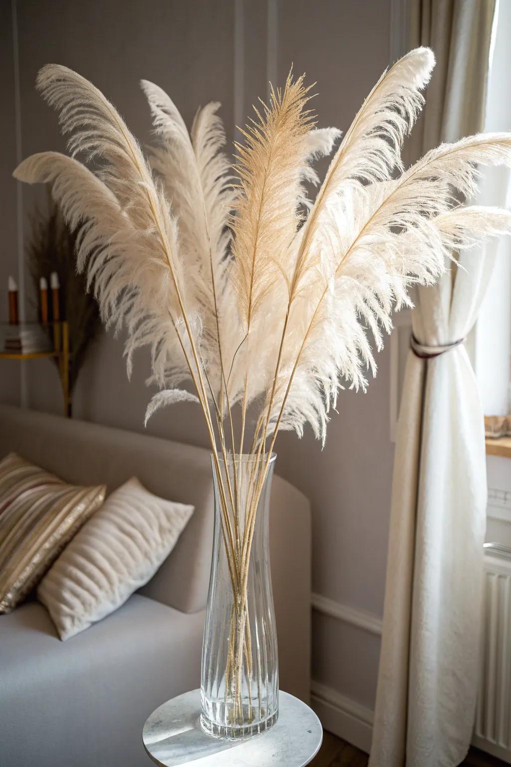 Embrace old Hollywood glamour with the ethereal beauty of ostrich feathers in a minimalist setting.