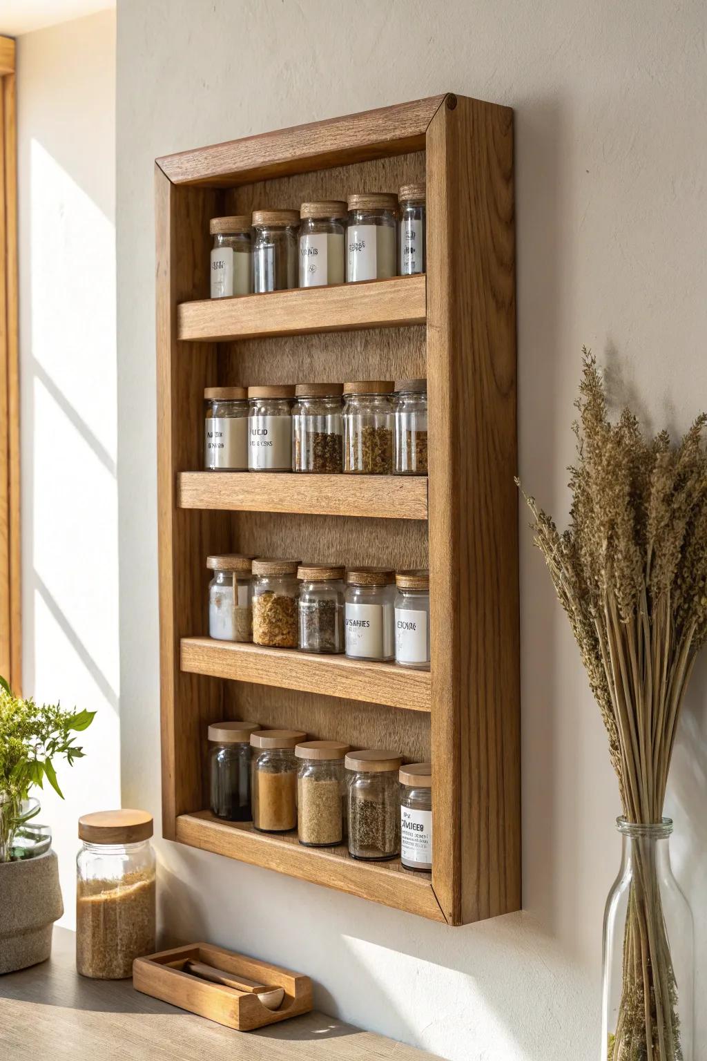 Modern framed wood spice rack with back panel—clean lines, glass jars, and warm oak contrast.