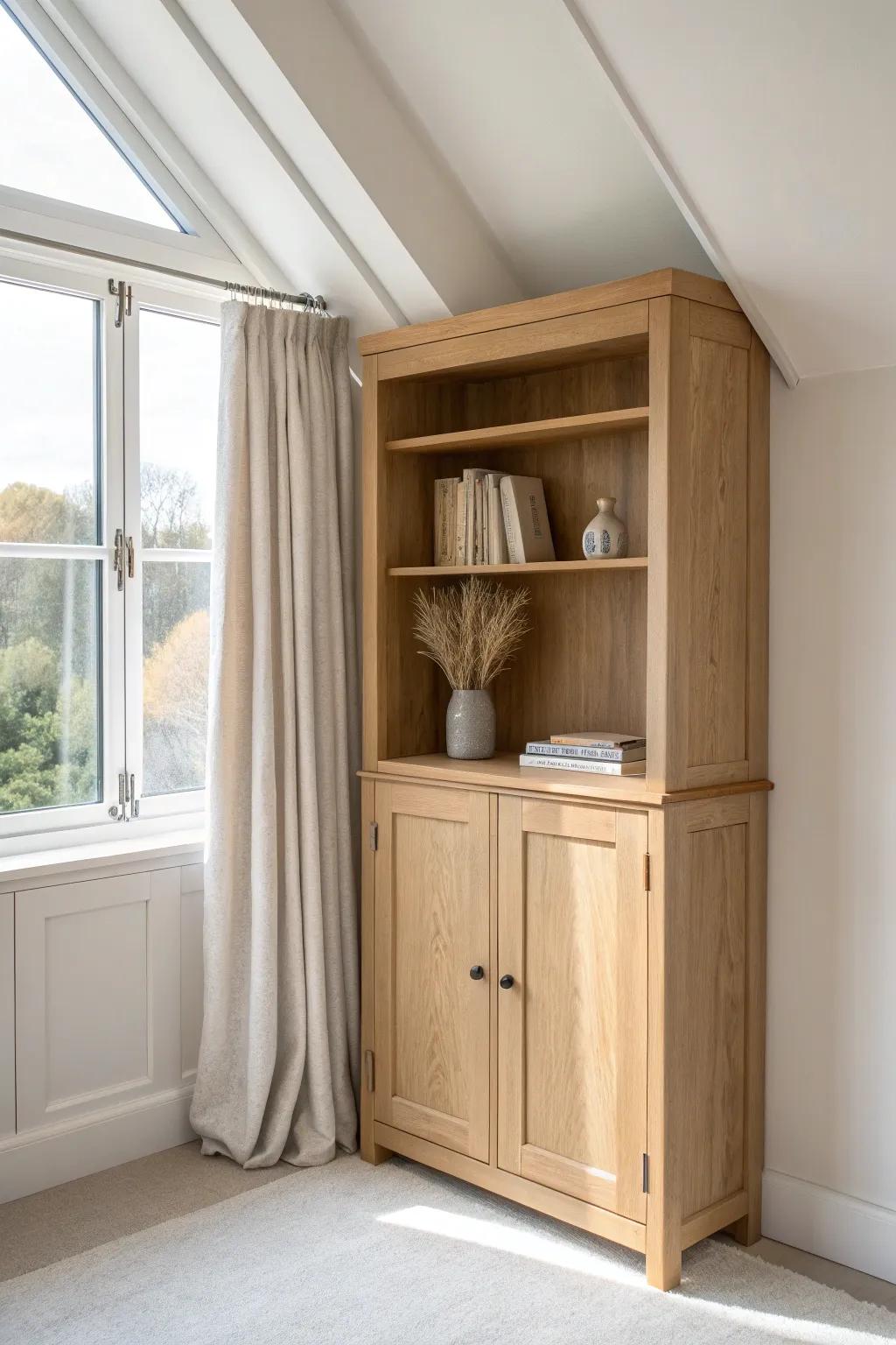 A slim oak built-in beside the dormer window—closed storage below, airy shelves above.