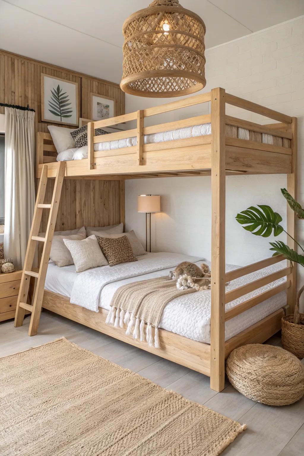 Loft top, lounge below—light oak craftsmanship meets cozy daybed comfort in one sleek setup.