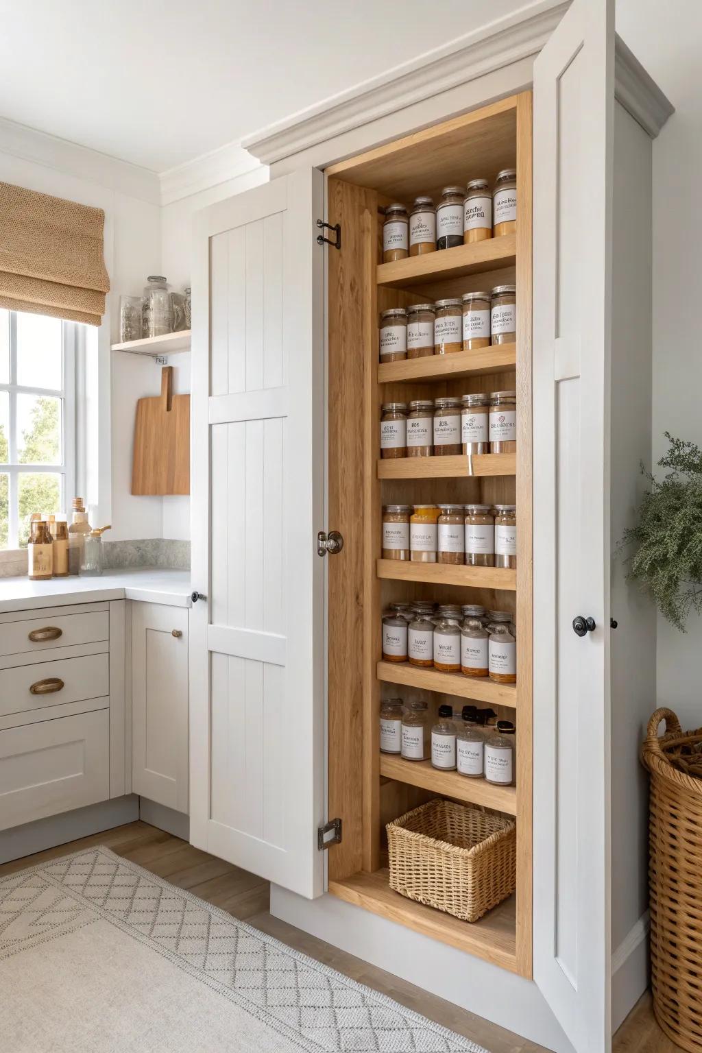 Double-door pantry with slim wood spice racks—double the storage, still calm and airy.