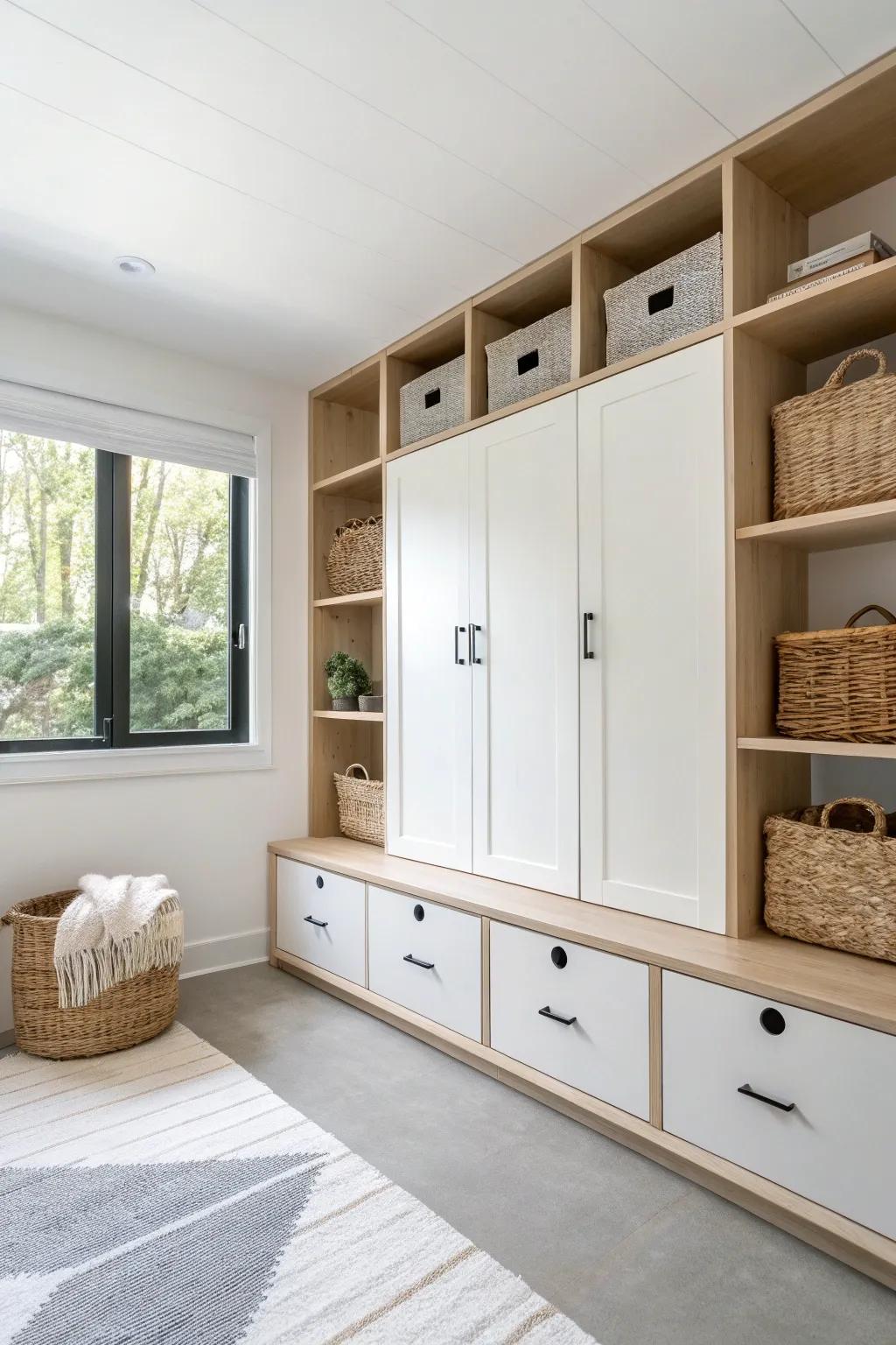 Kid-proof garage playroom: built-in cubbies and closed cabinets for two-minute cleanup.
