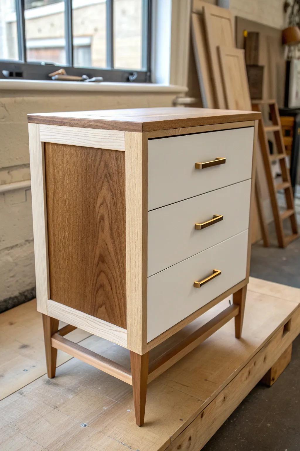 Two-tone drawer front: creamy paint meets warm walnut grain for cozy modern contrast.