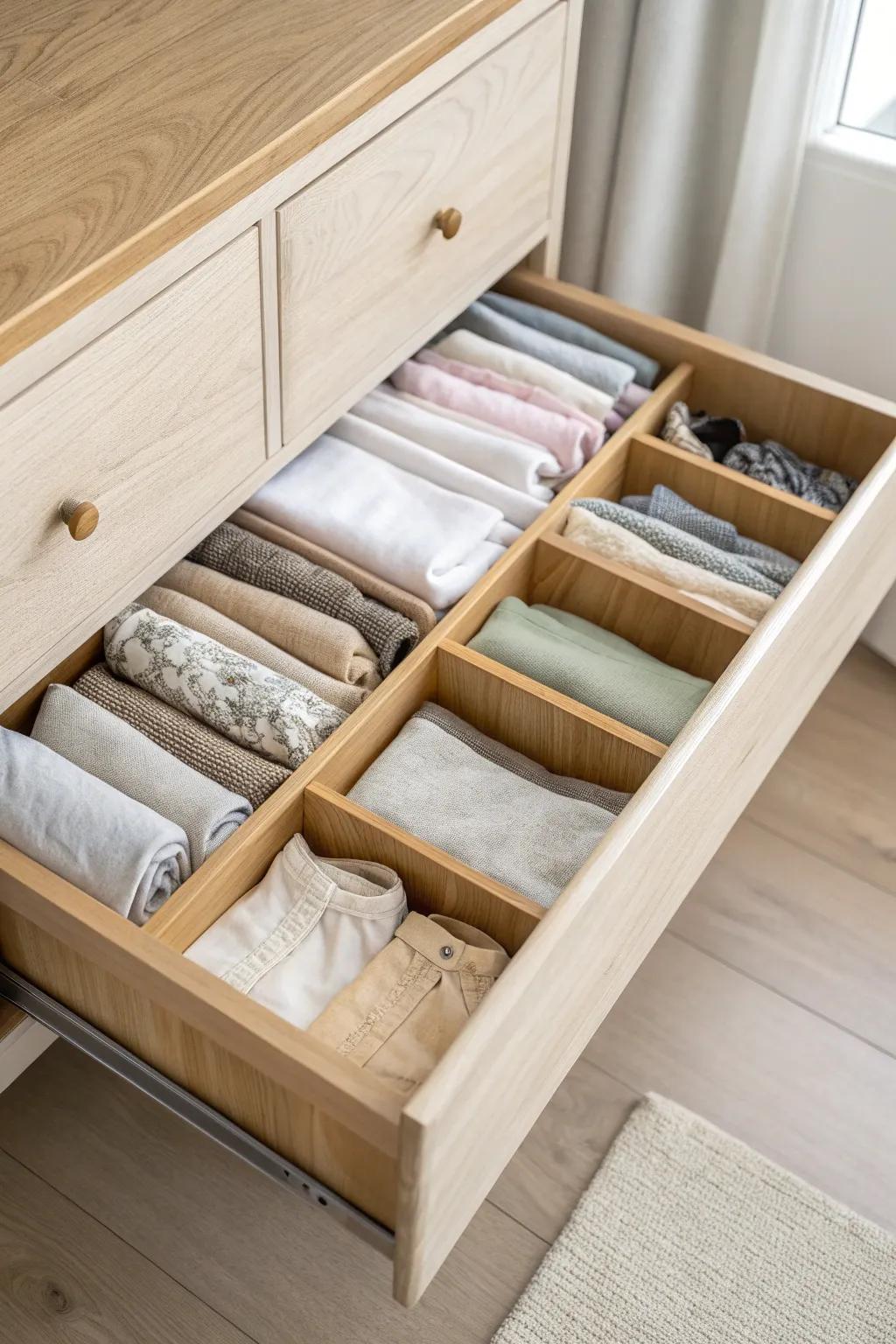 Stand clothes upright in a crafted wood drawer—see every tee, sock, and legging at a glance.