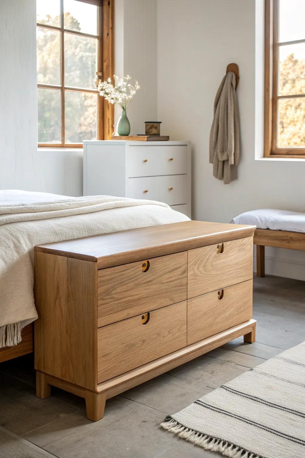 New pulls, new vibe—swap hardware for a custom-look dresser at the foot of the bed.