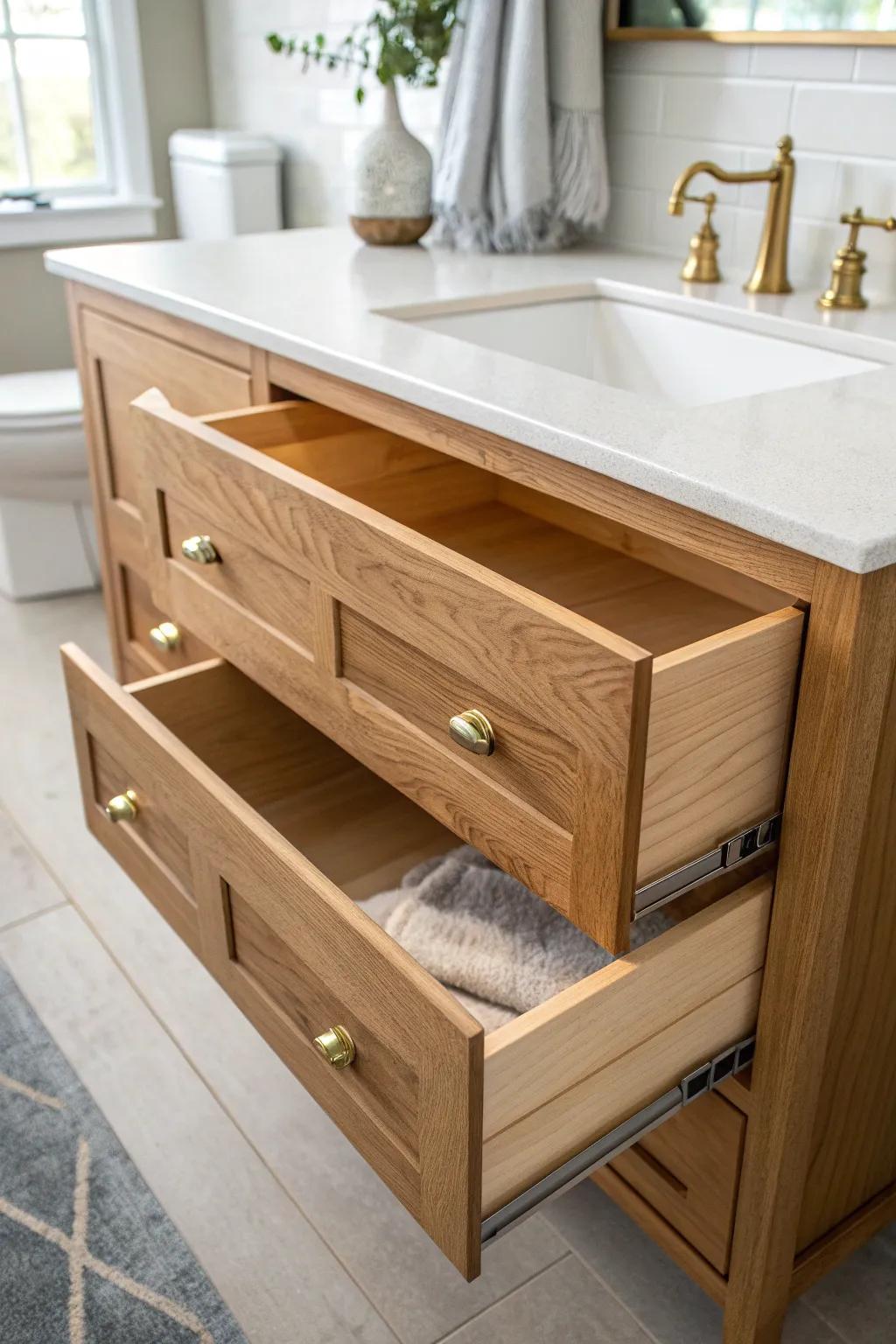 A smart U-cut drawer retrofit keeps full storage even with bathroom plumbing in the way.