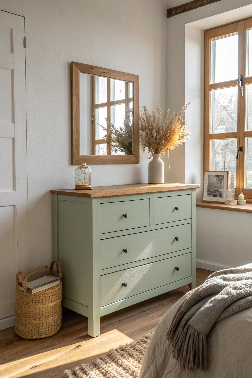 Sage green dresser: calm, cozy, and elevated with natural wood + dried stems.